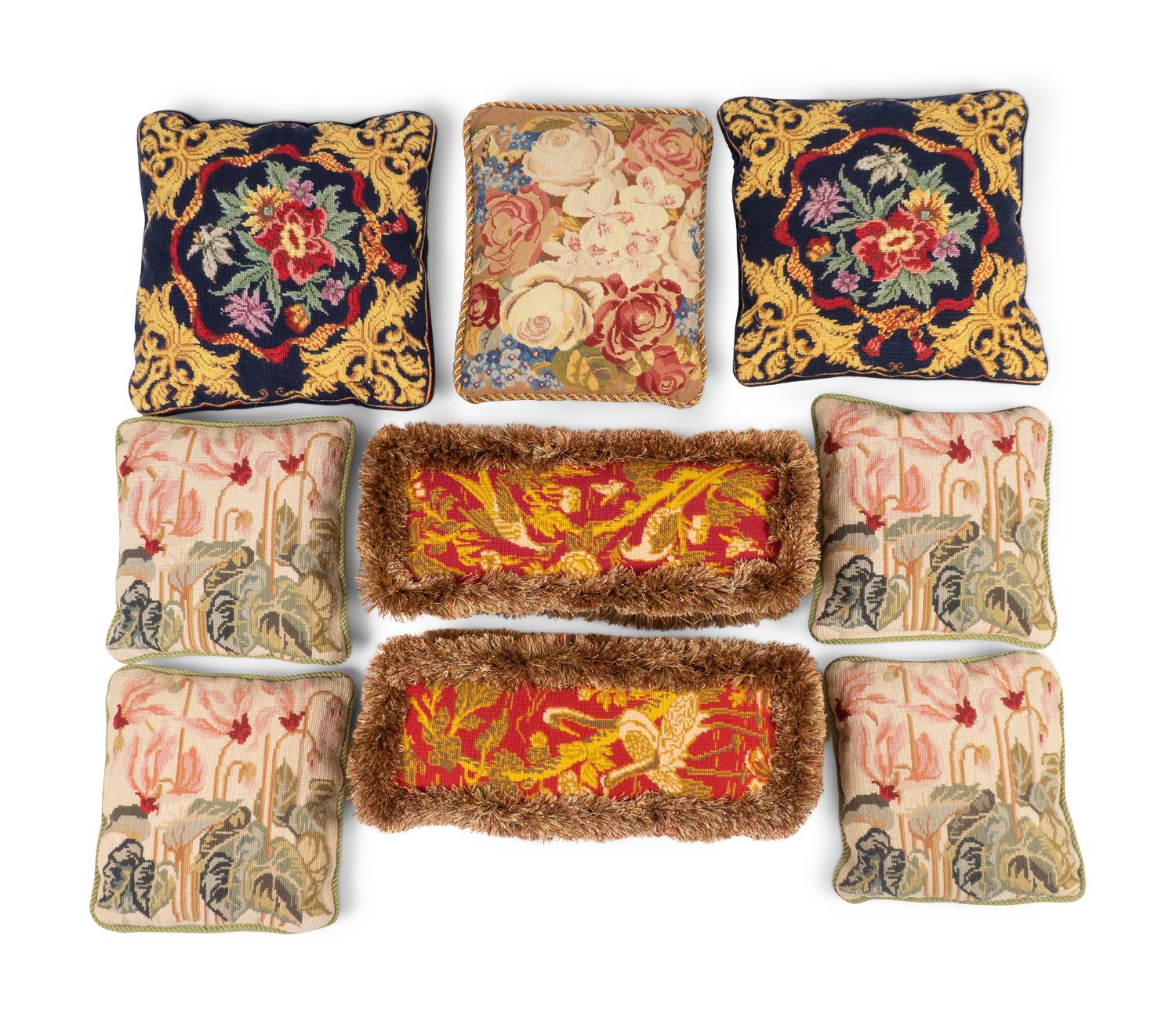 A Group of Eight Needlework Pillows — 20TH CENTURY