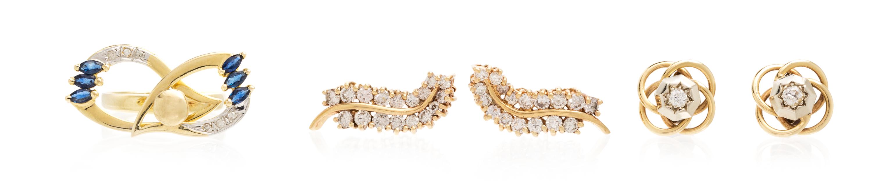 A Collection of Yellow Gold and Diamond Jewelry, 7.80 dwts.