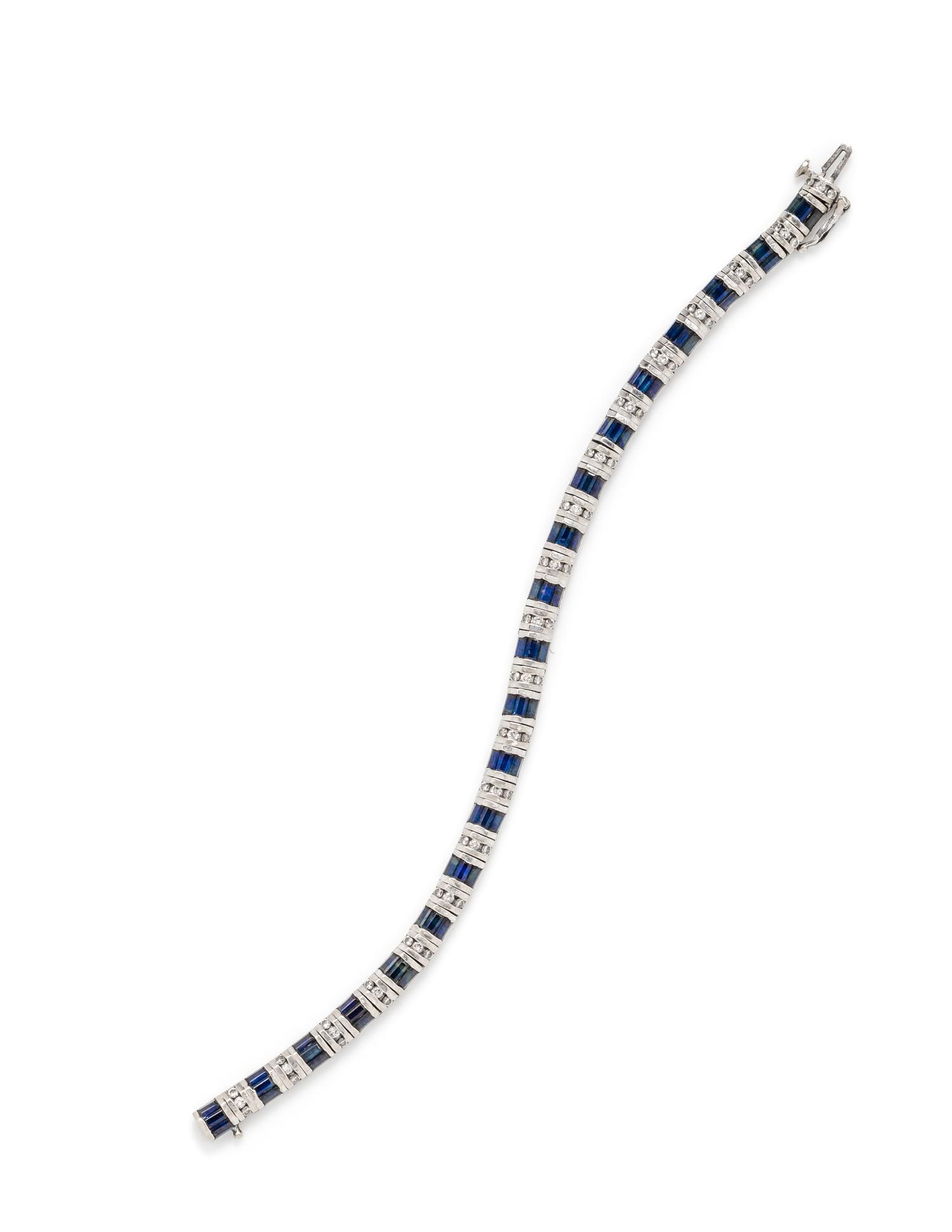 A 14 Karat White Gold, Diamond and Sapphire Bracelet,