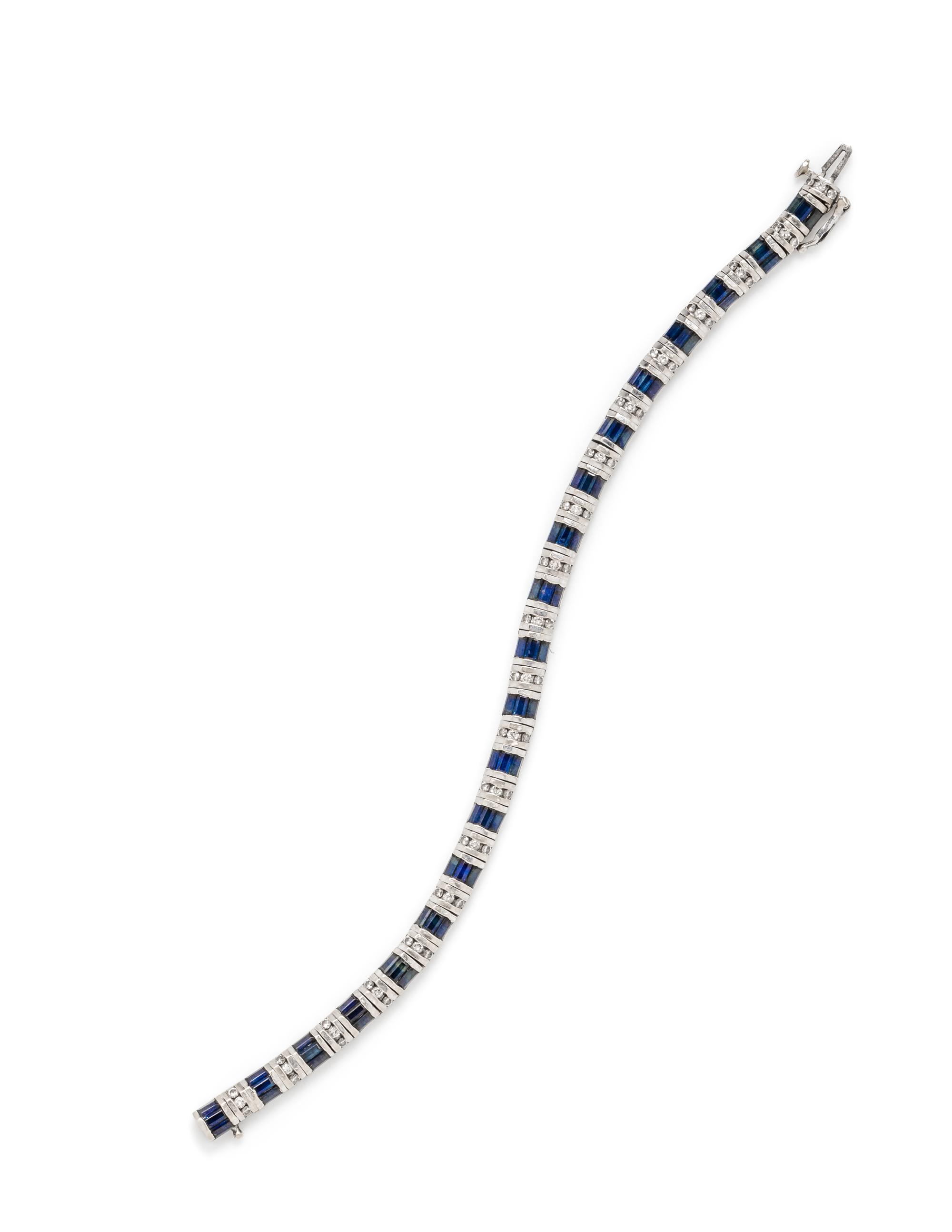 A 14 Karat White Gold, Diamond and Sapphire Bracelet,