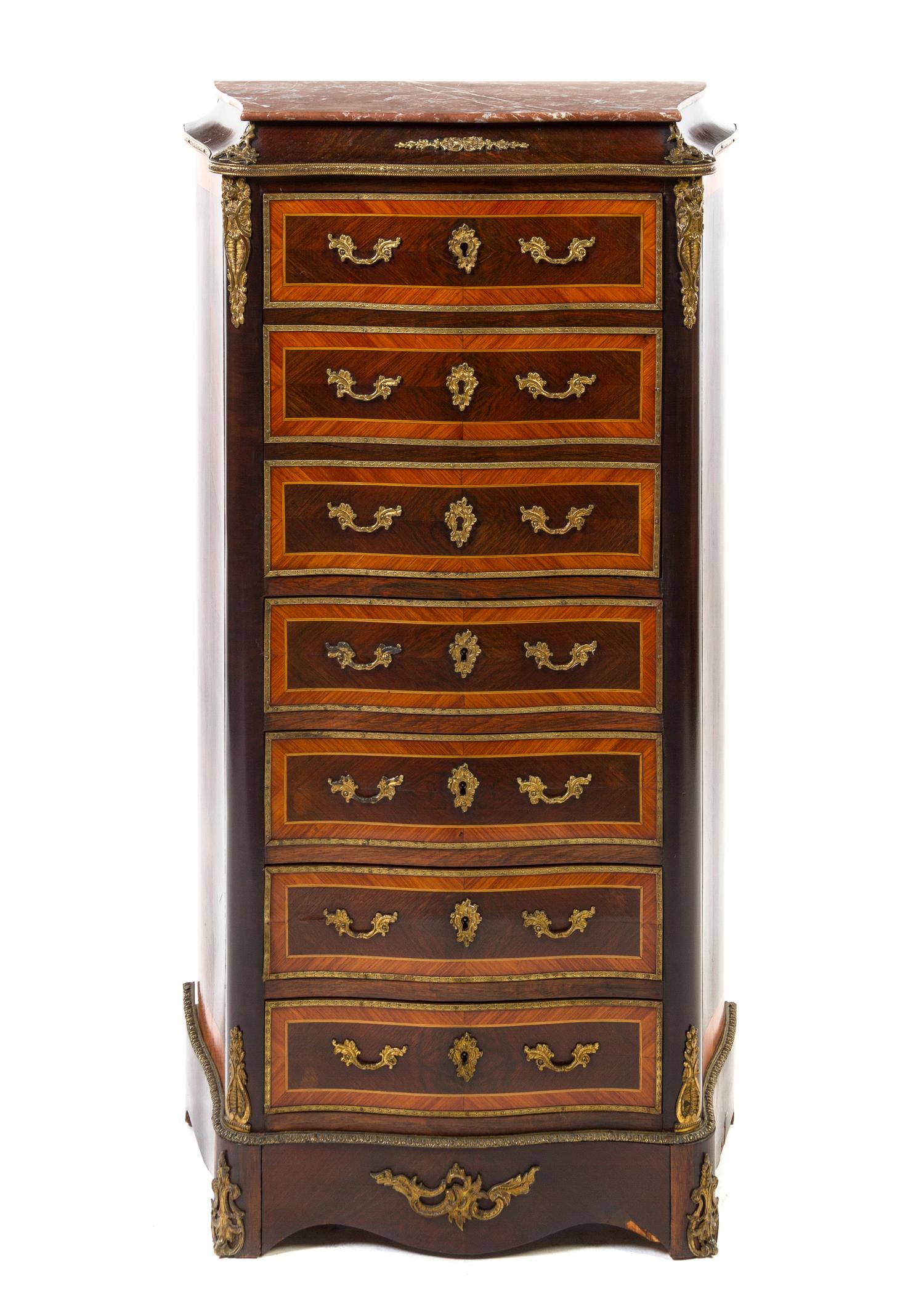A Louis XVI Style Gilt Metal Mounted Kingwood Secretaire a Abbatant, Height 48 1/2 x width 25 1/2 x depth 13 1/2 inches.