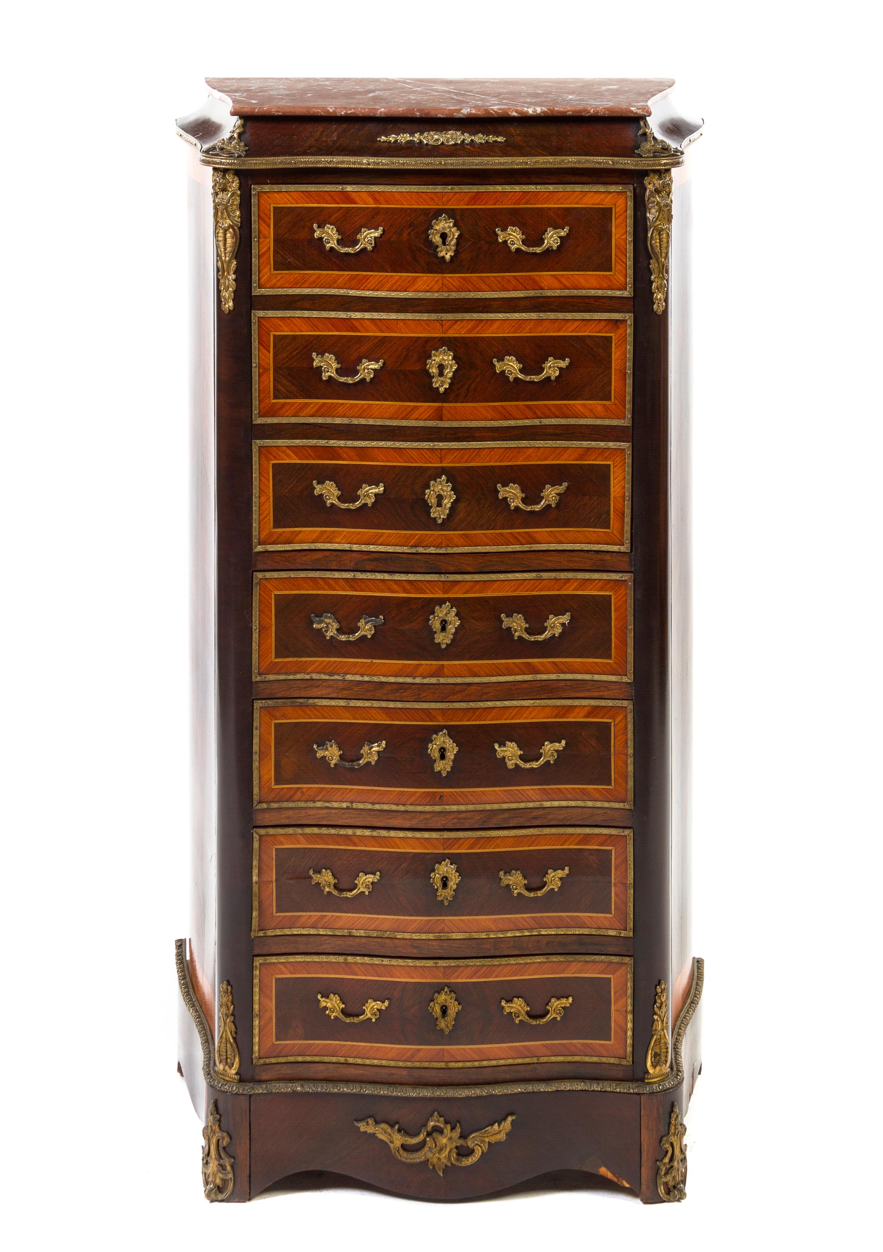 A Louis XVI Style Gilt Metal Mounted Kingwood Secretaire a Abbatant, Height 48 1/2 x width 25 1/2 x depth 13 1/2 inches.