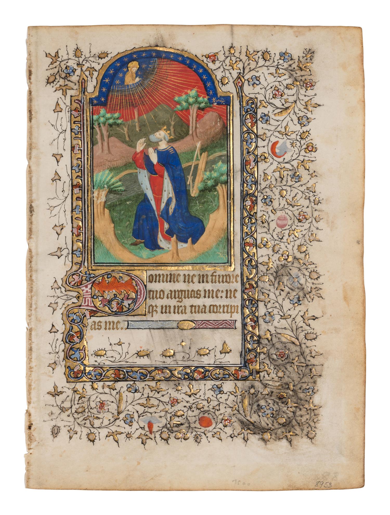CIRCLE OF THE BOUCICAUT MASTER (active Paris, c. 1400-1420) A leaf from a Book of Hours, including a large miniature of David in Prayer, in Latin, illuminated manuscript on parchment [Paris, c. 1410-1420]