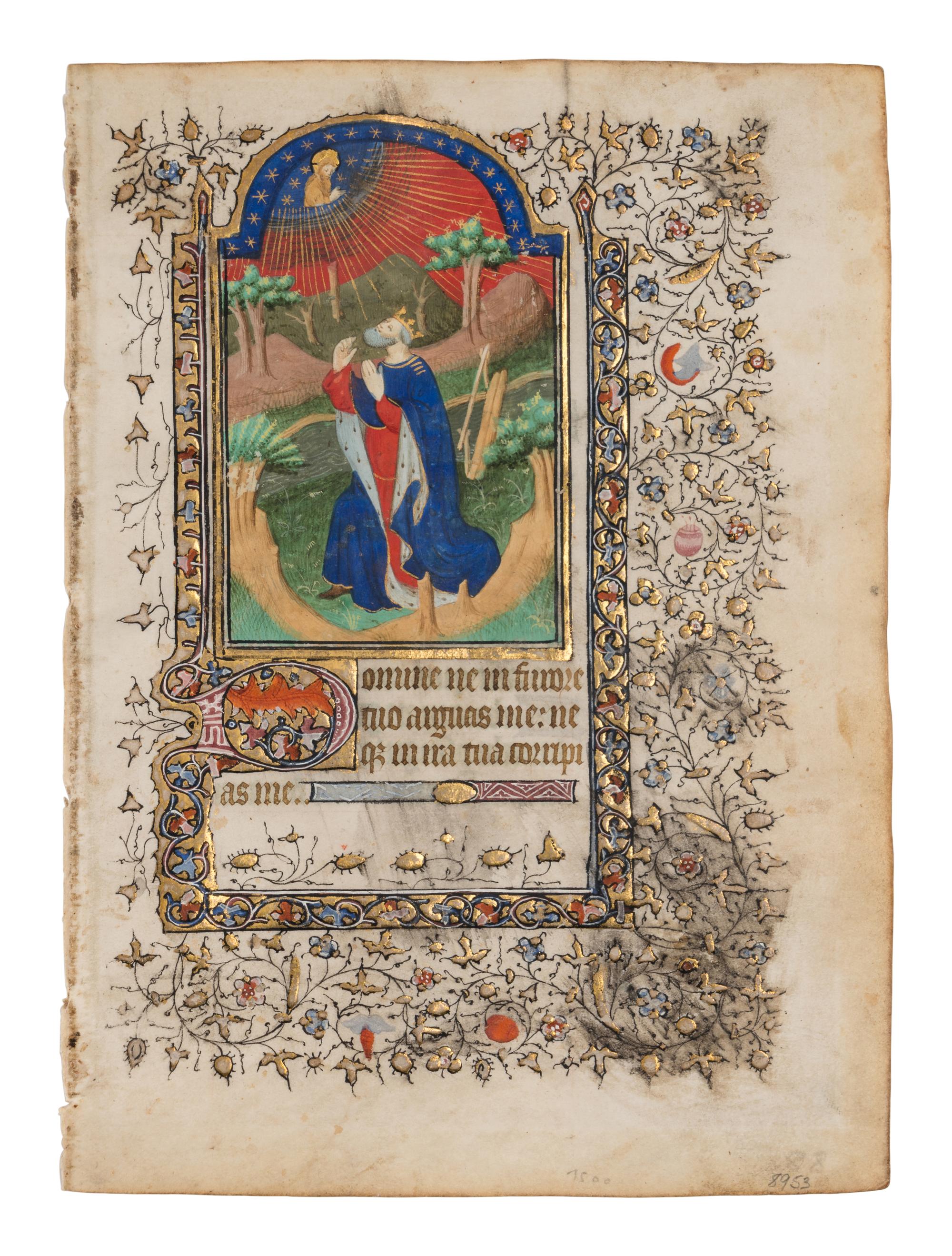 CIRCLE OF THE BOUCICAUT MASTER (active Paris, c. 1400-1420) A leaf from a Book of Hours, including a large miniature of David in Prayer, in Latin, illuminated manuscript on parchment [Paris, c. 1410-1420]