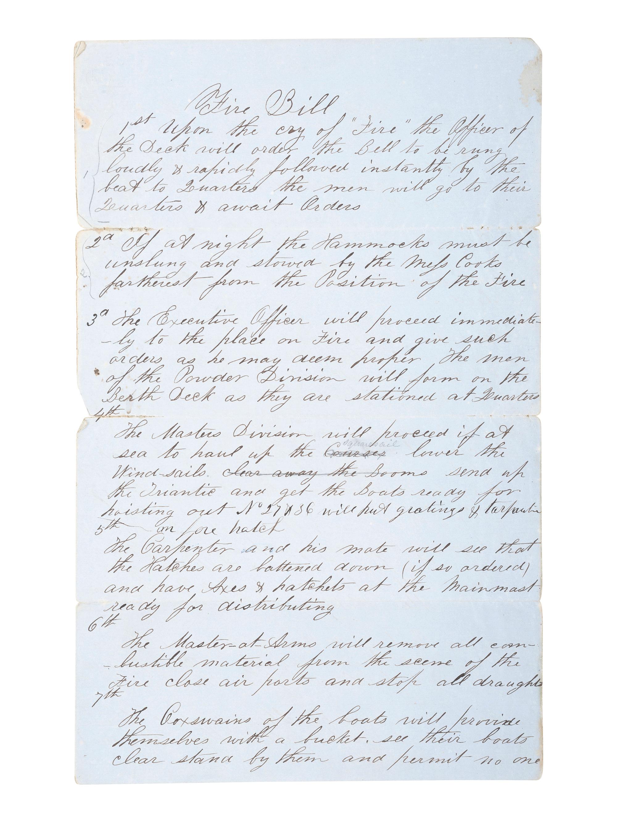 [CIVIL WAR]. Manuscript "Fire Bill" of the CSS Savannah , with detailed instructions on dealing with a fire on board the Confederate ironclad.