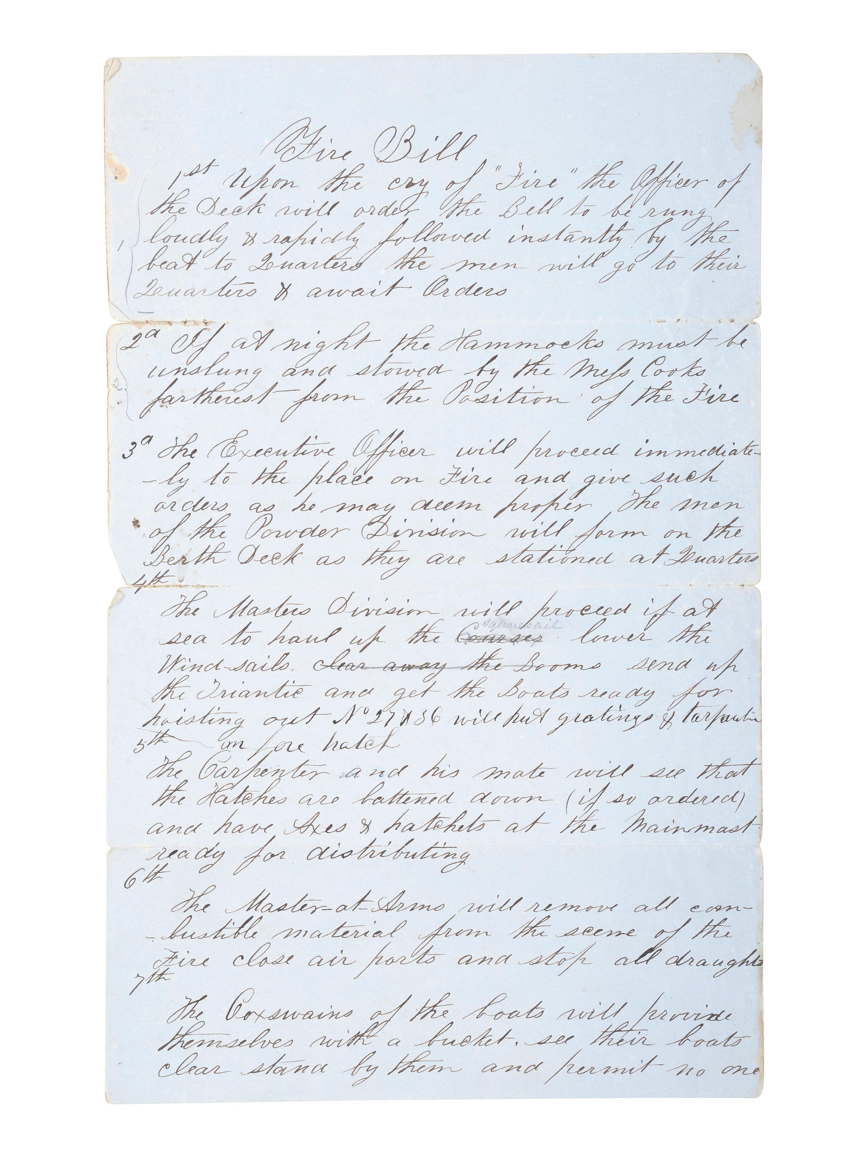 [CIVIL WAR]. Manuscript "Fire Bill" of the CSS Savannah , with detailed instructions on dealing with a fire on board the Confederate ironclad.