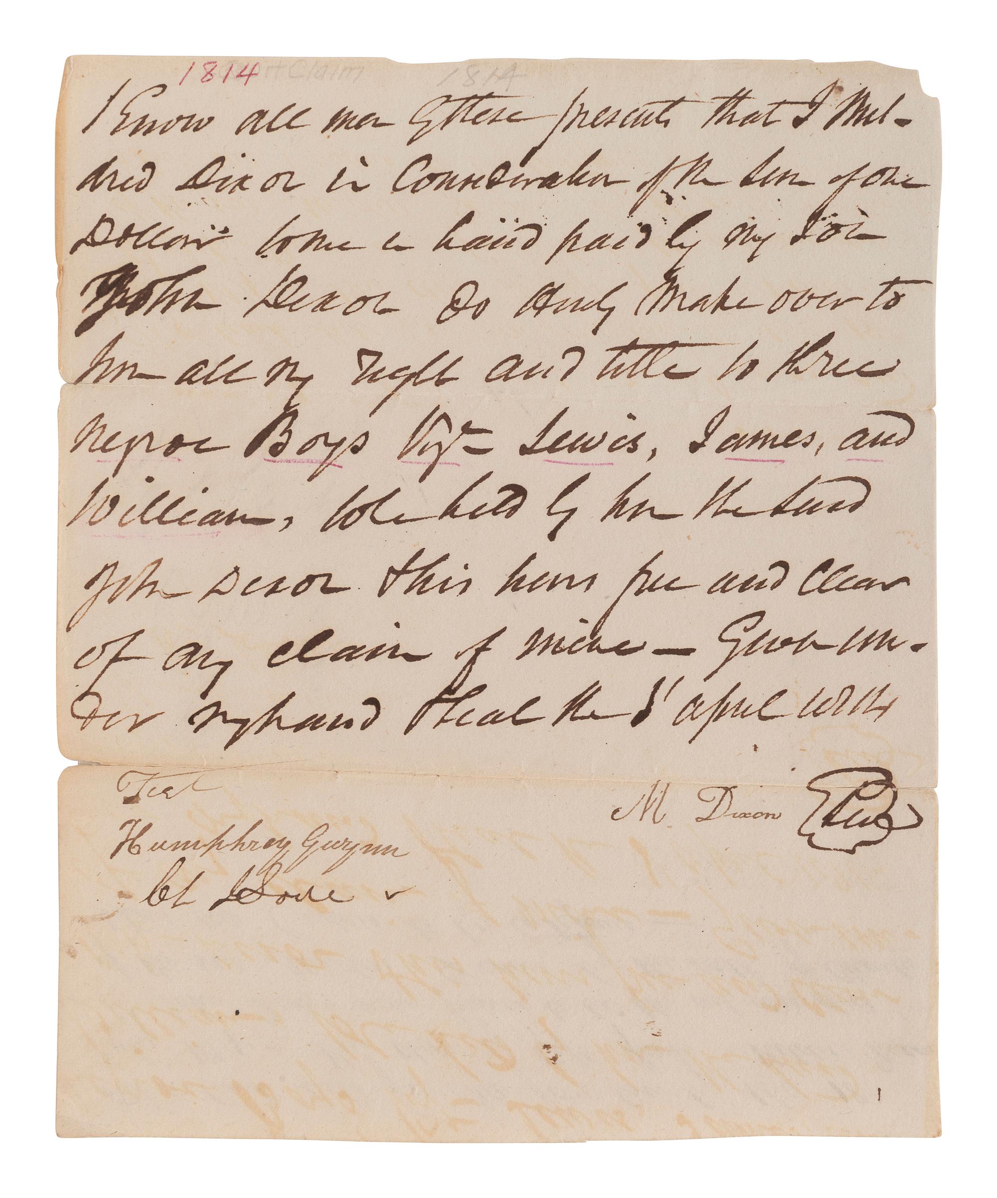 [ENSLAVEMENT]. Manuscript "Deed of Gift" transferring ownership of 3 enslaved males. [VA], 1814.