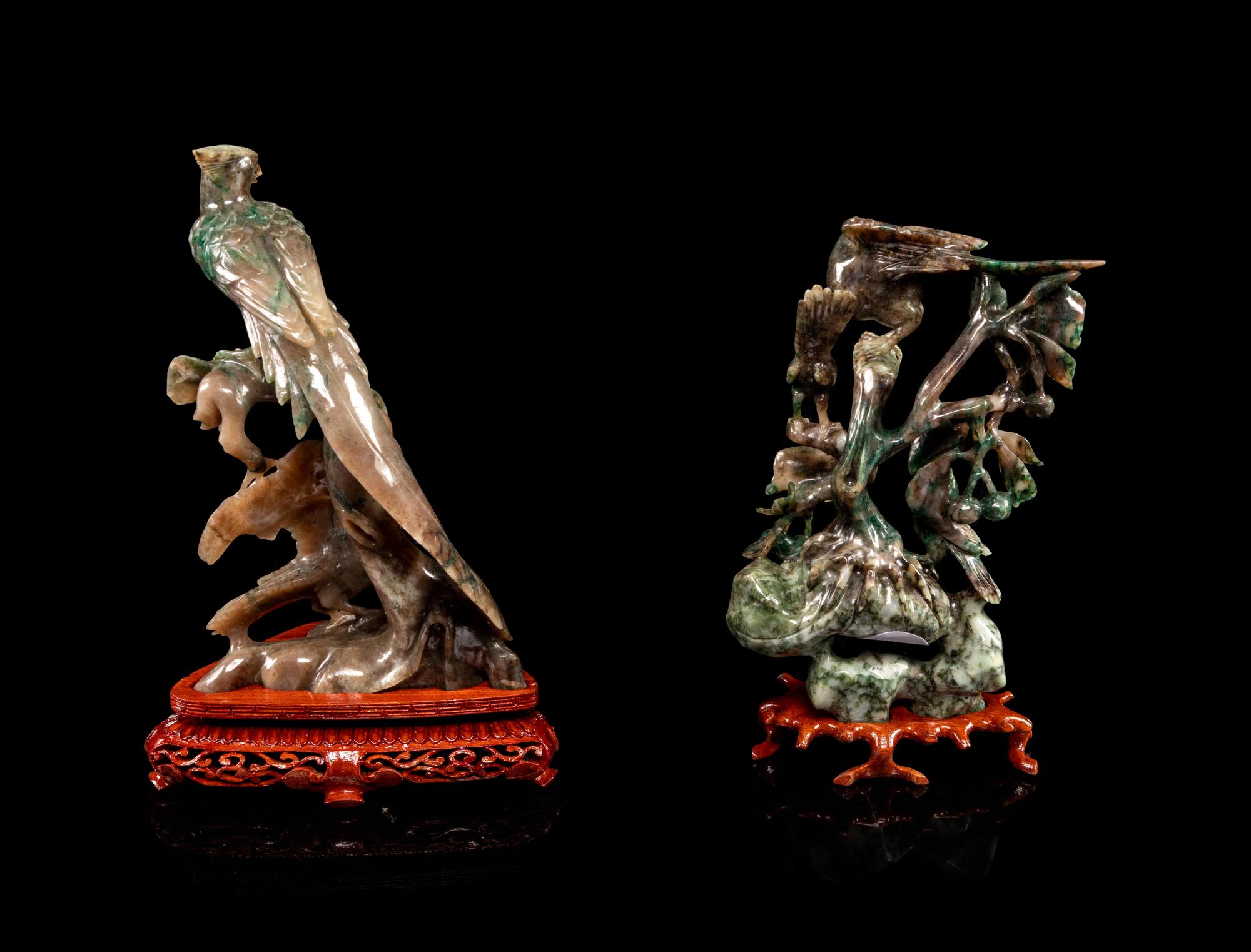 Two Chinese Spinach Jade Figural Groups of Birds