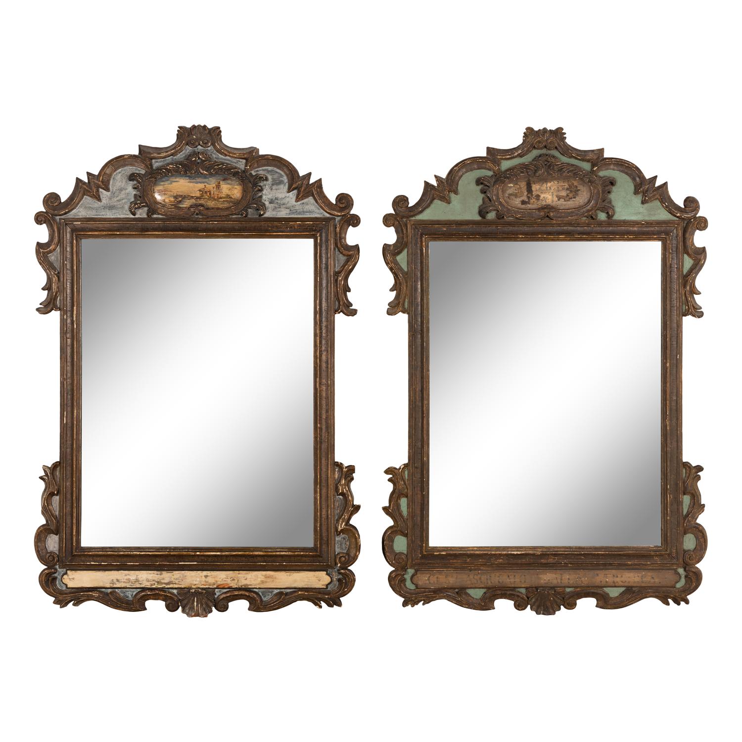 A Pair of Italian Painted and Parcel-Gilt Mirrors