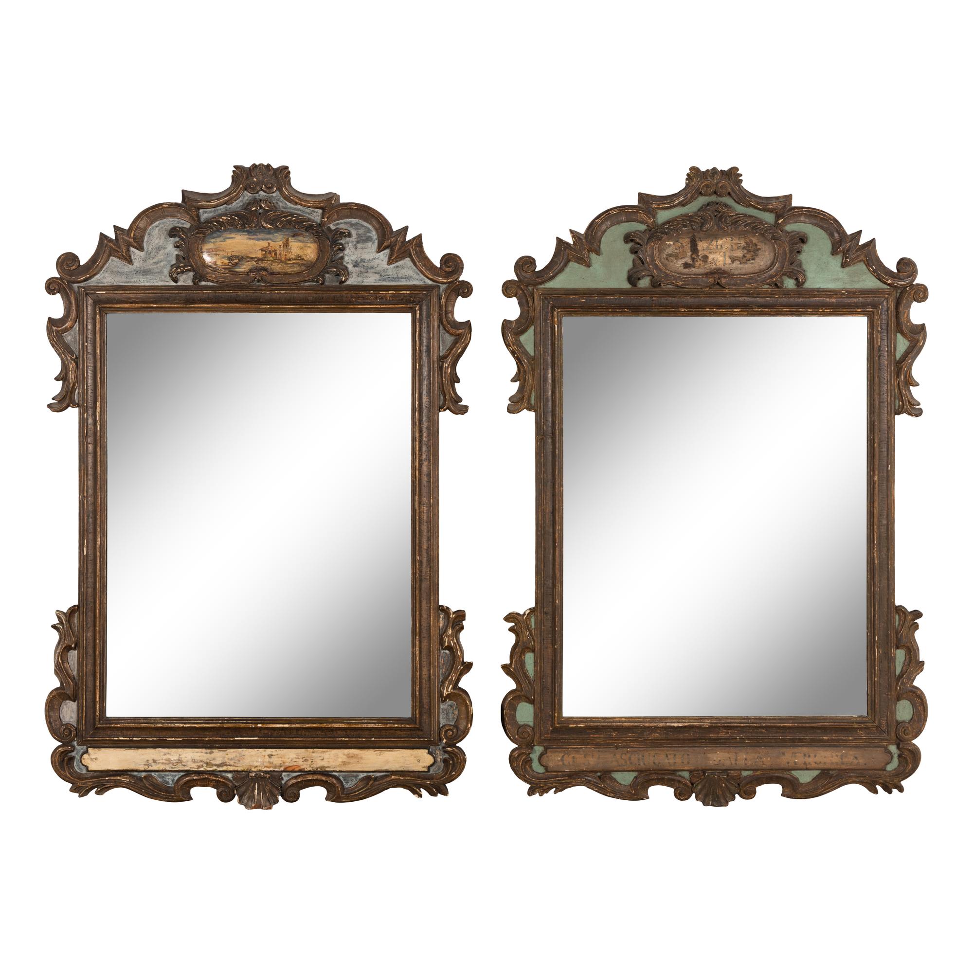 A Pair of Italian Painted and Parcel-Gilt Mirrors
