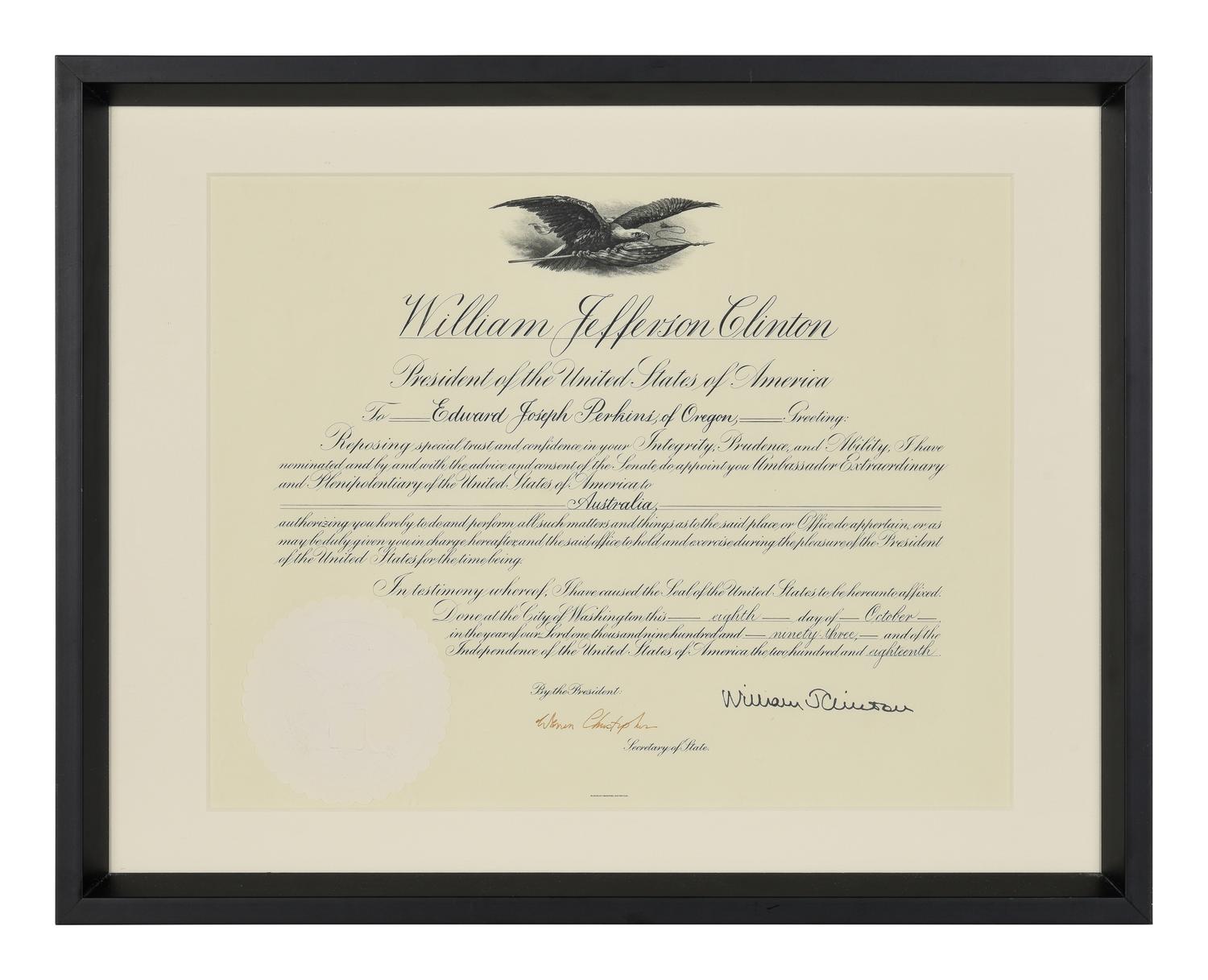 [POLITICS]. [PERKINS, Edward Joseph (1928-2020)]. A group of 9 appointments by Presidents Reagan, Bush, Clinton, and Bush to Perkins, presumably with secretarial or facsimile signatures, including: