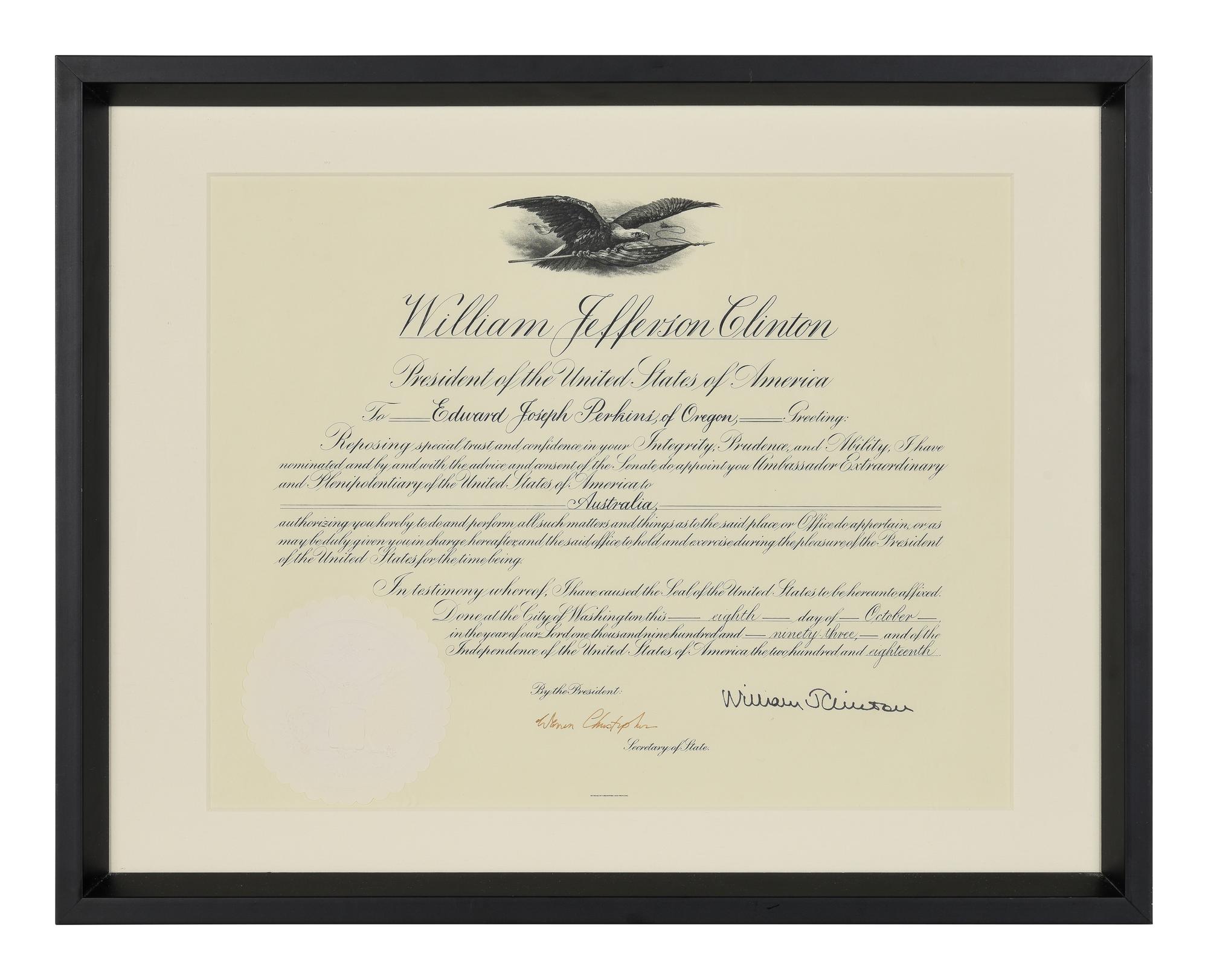 [POLITICS]. [PERKINS, Edward Joseph (1928-2020)]. A group of 9 appointments by Presidents Reagan, Bush, Clinton, and Bush to Perkins, presumably with secretarial or facsimile signatures, including: