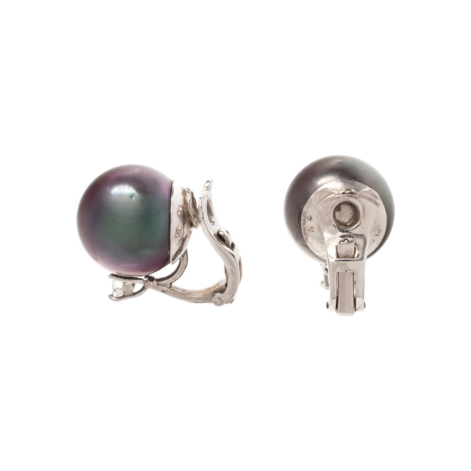 CULTURED TAHITIAN PEARL AND DIAMOND EARCLIPS