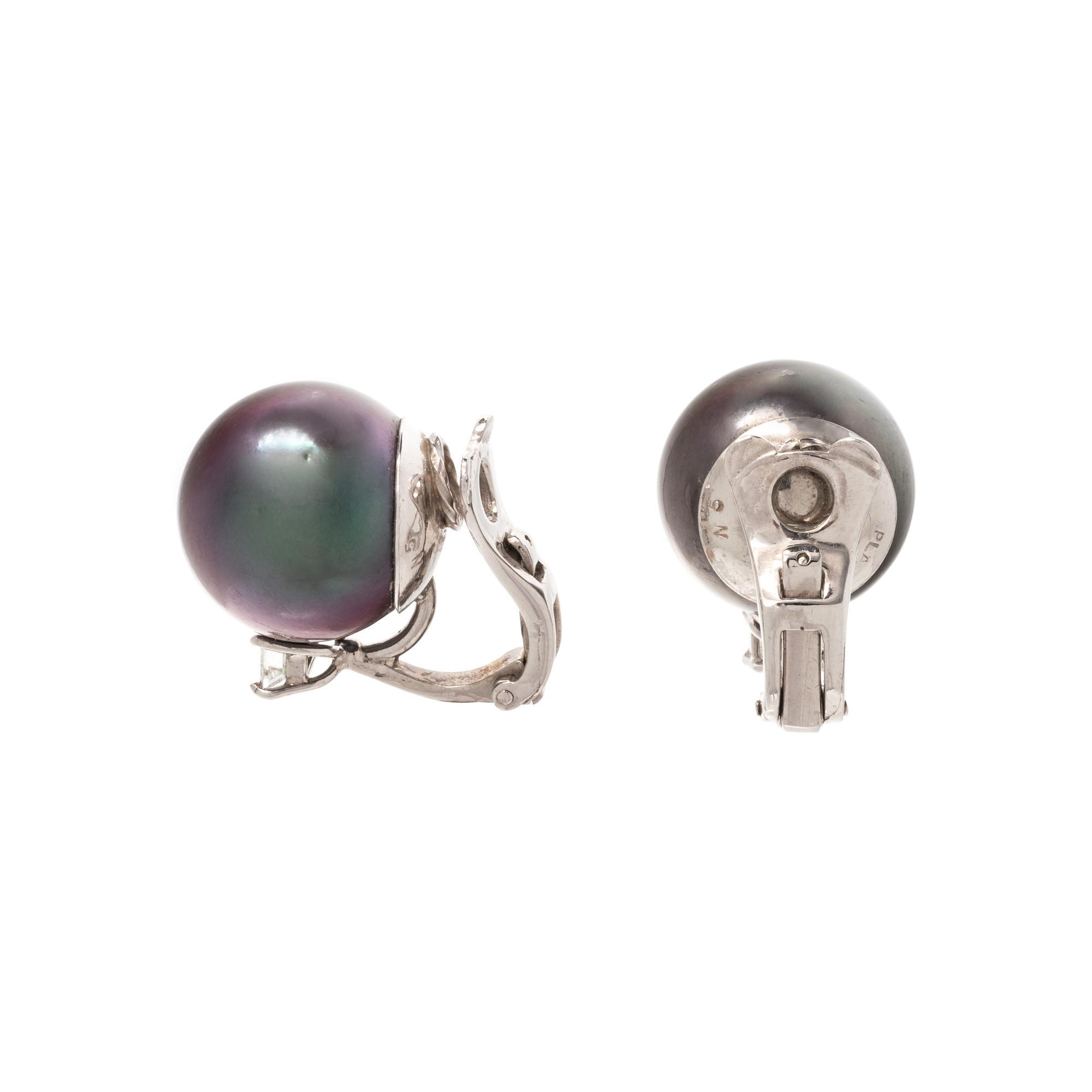 CULTURED TAHITIAN PEARL AND DIAMOND EARCLIPS