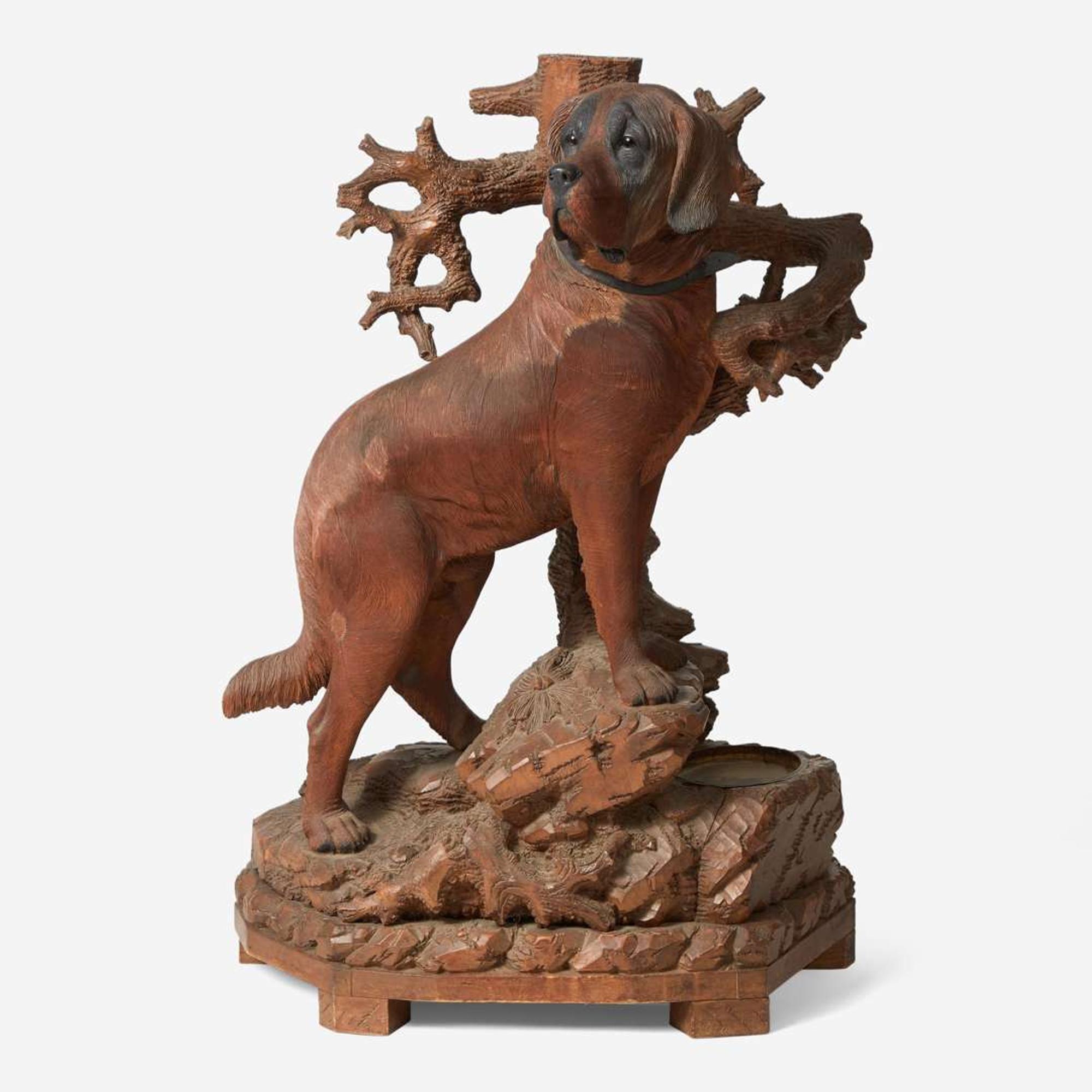 A Black Forest carved walnut hall stand with faux bois stump and English Labrador Swiss or German, late 19th / early 20th century