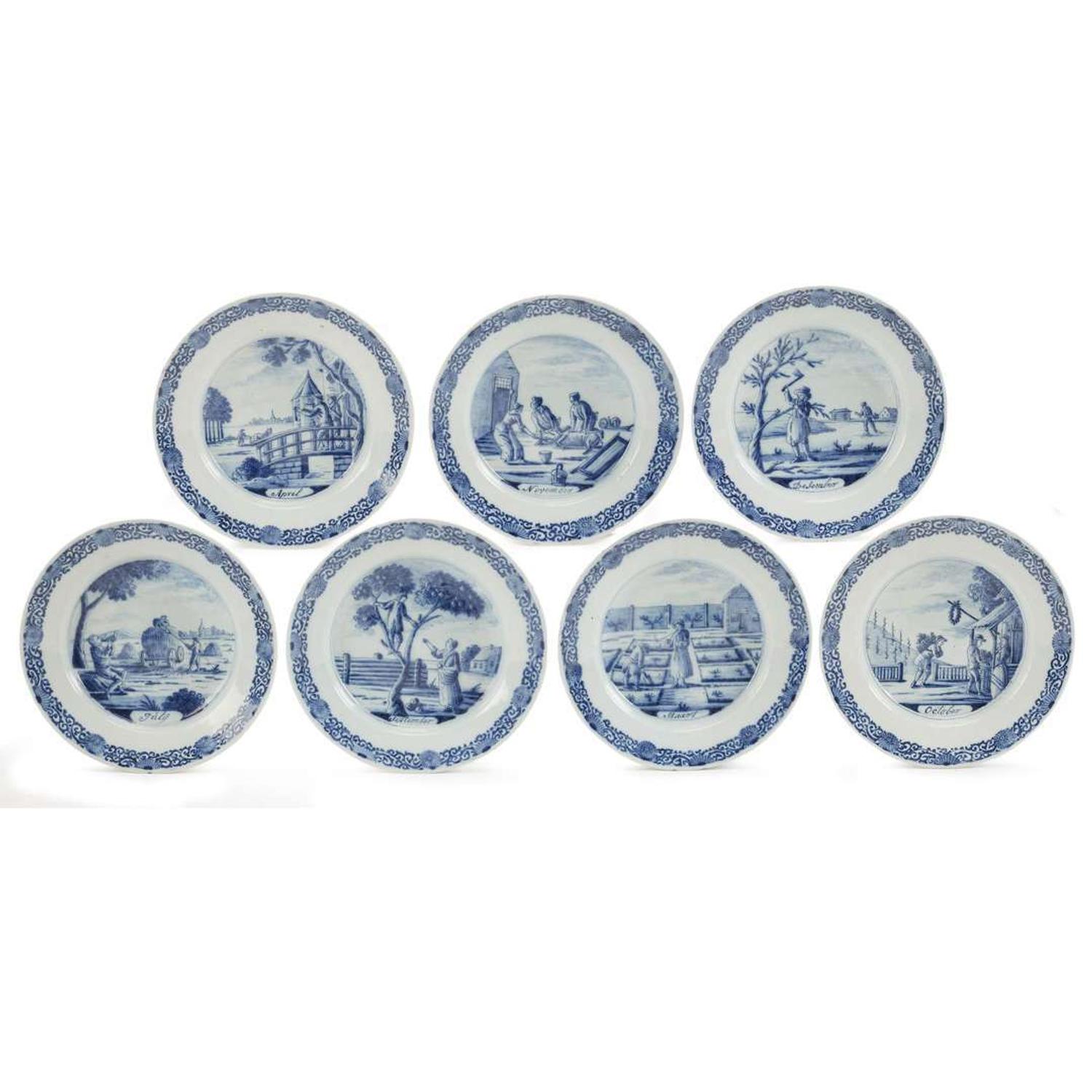 Group of seven Dutch Delft calendar plates Lampetkan Factory, under Widow Gerret Brower, circa 1750-1760