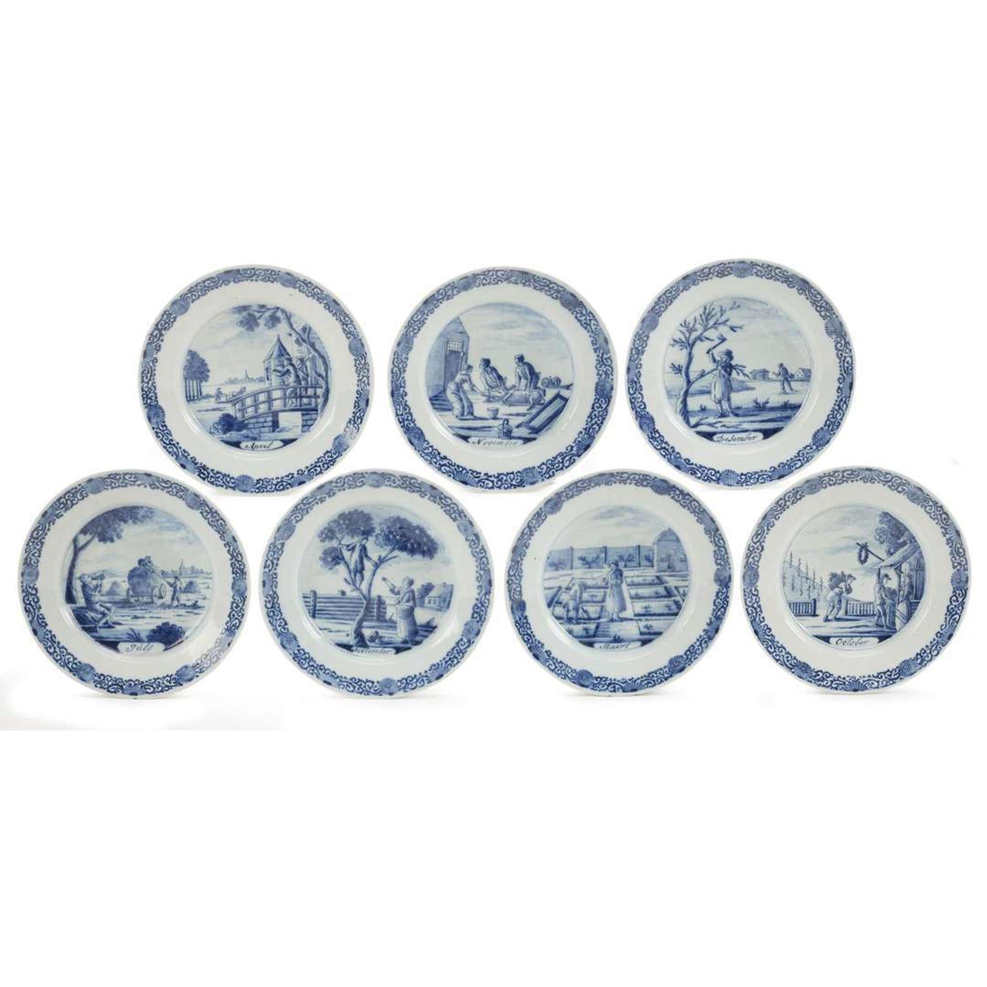 Group of seven Dutch Delft calendar plates Lampetkan Factory, under Widow Gerret Brower, circa 1750-1760