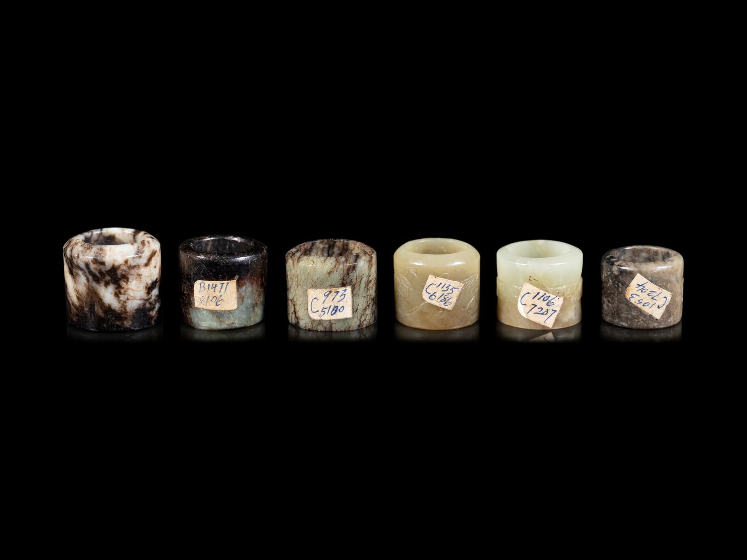 Six Celadon Jade Carved Jade Archer's Rings