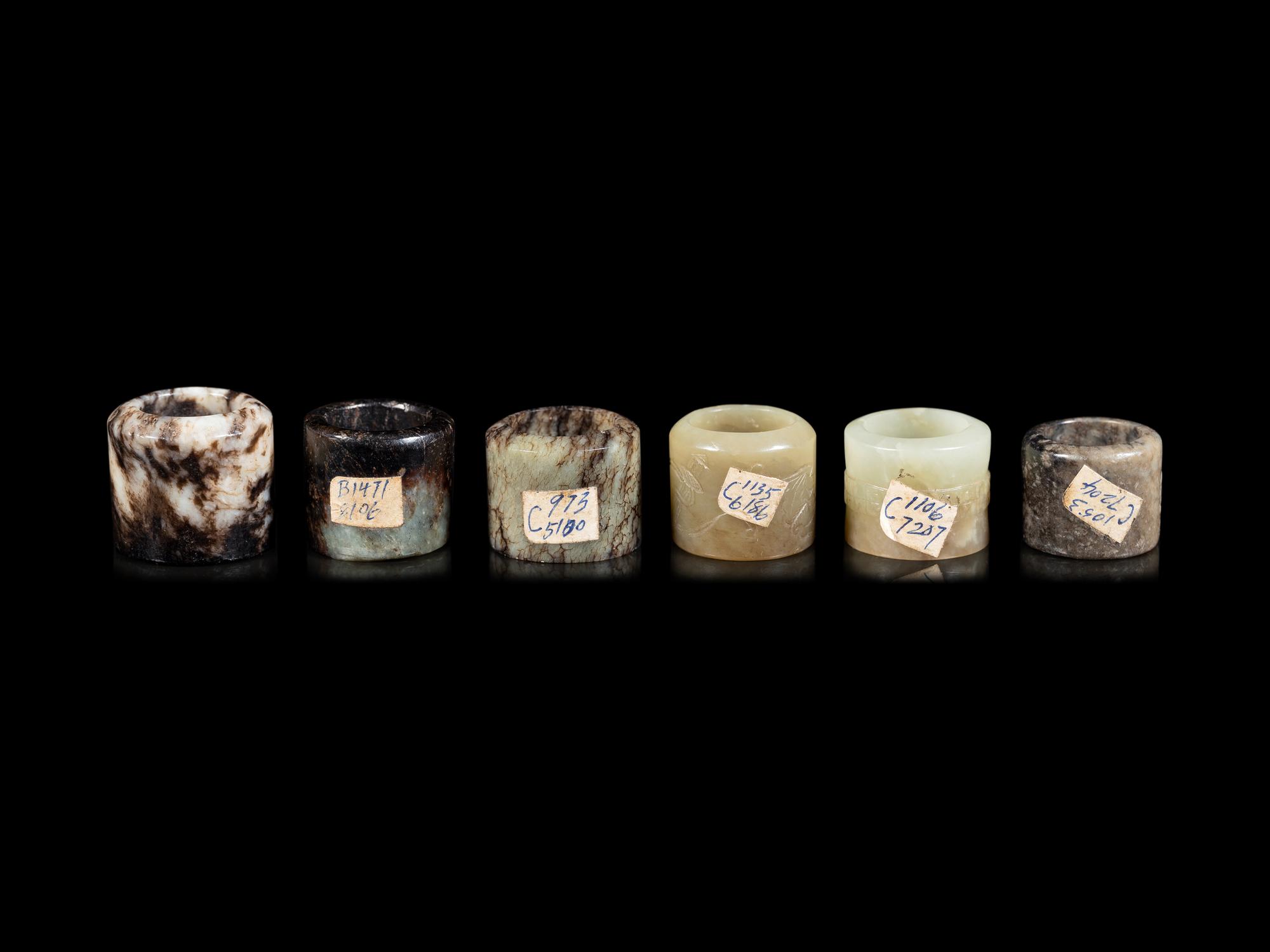 Six Celadon Jade Carved Jade Archer's Rings