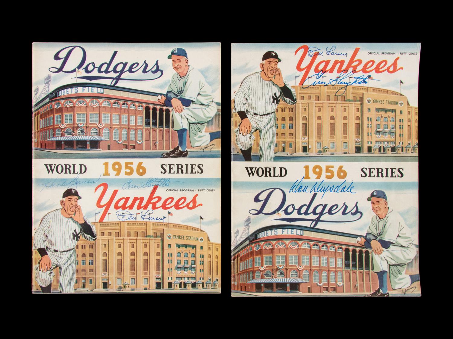 A Group of Two Signed Autograph New York Yankees vs. Brooklyn Dodgers 1956 World Series Programs Including Don Larsen (Perfect Game)