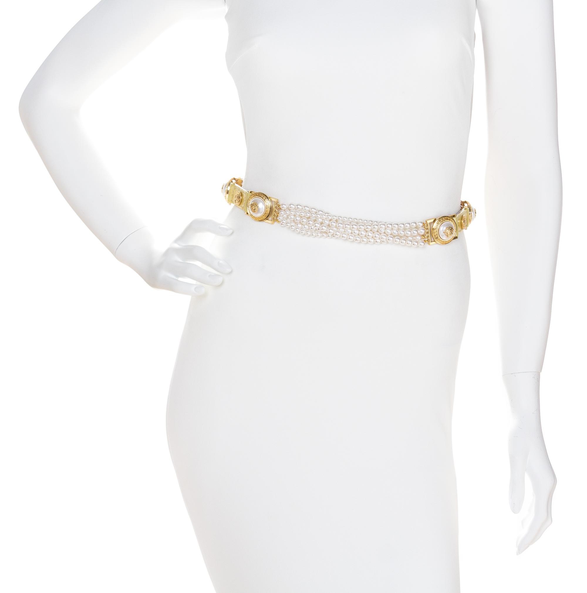 A Gianni Versace Pale Yellow Leather and Multistrand Pearl Belt,