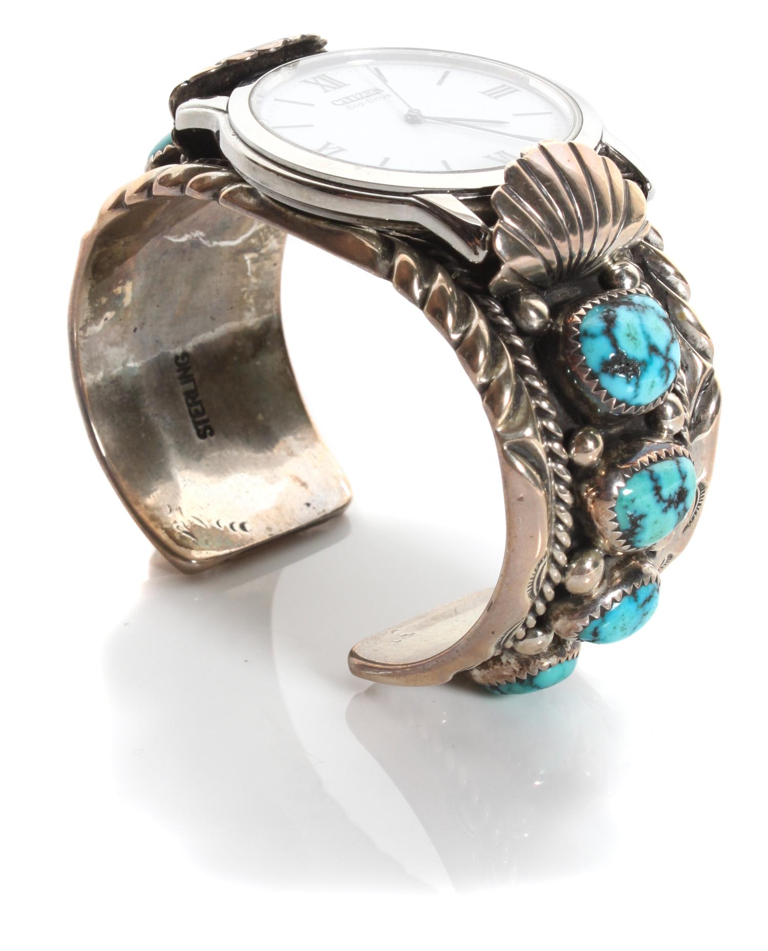 Navajo Silver and Turquoise Watch Band, Orville Tsinnie (1943-2017) Length 5 1/4 x opening 7/8 x width 1 1/4 inches