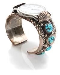 Navajo Silver and Turquoise Watch Band, Orville Tsinnie (1943-2017) Length 5 1/4 x opening 7/8 x width 1 1/4 inches