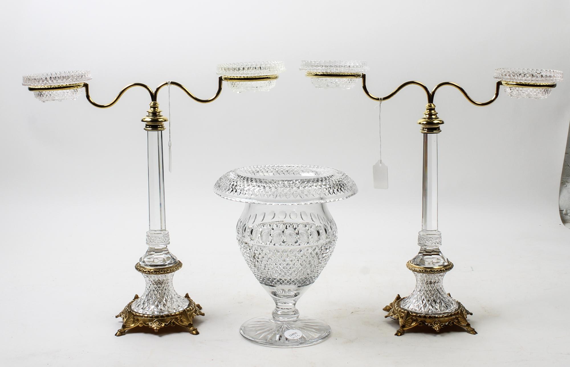 An Assembled Cut Glass and Gilt Metal Garniture. Height 16 inches.
