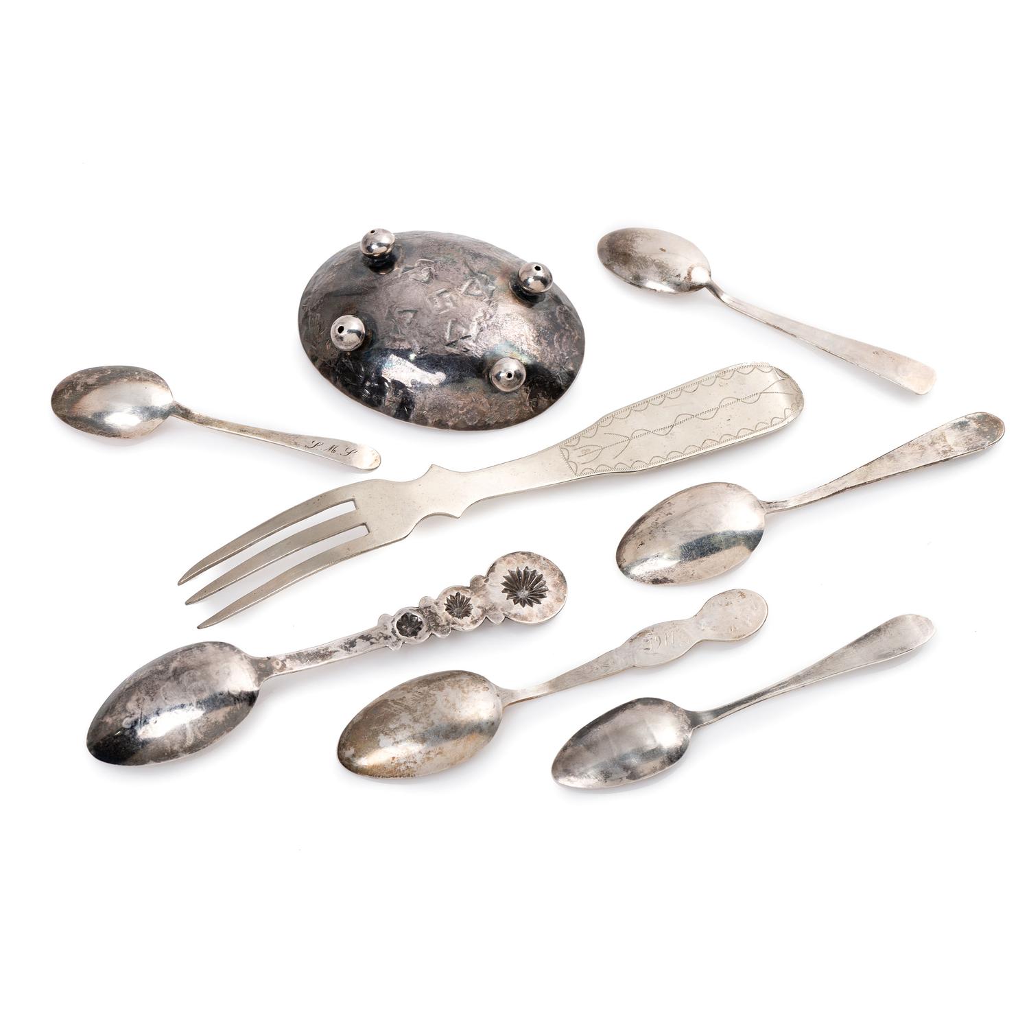 Navajo Stamped Silver Souvenir Spoons and Ashtray, PLUS