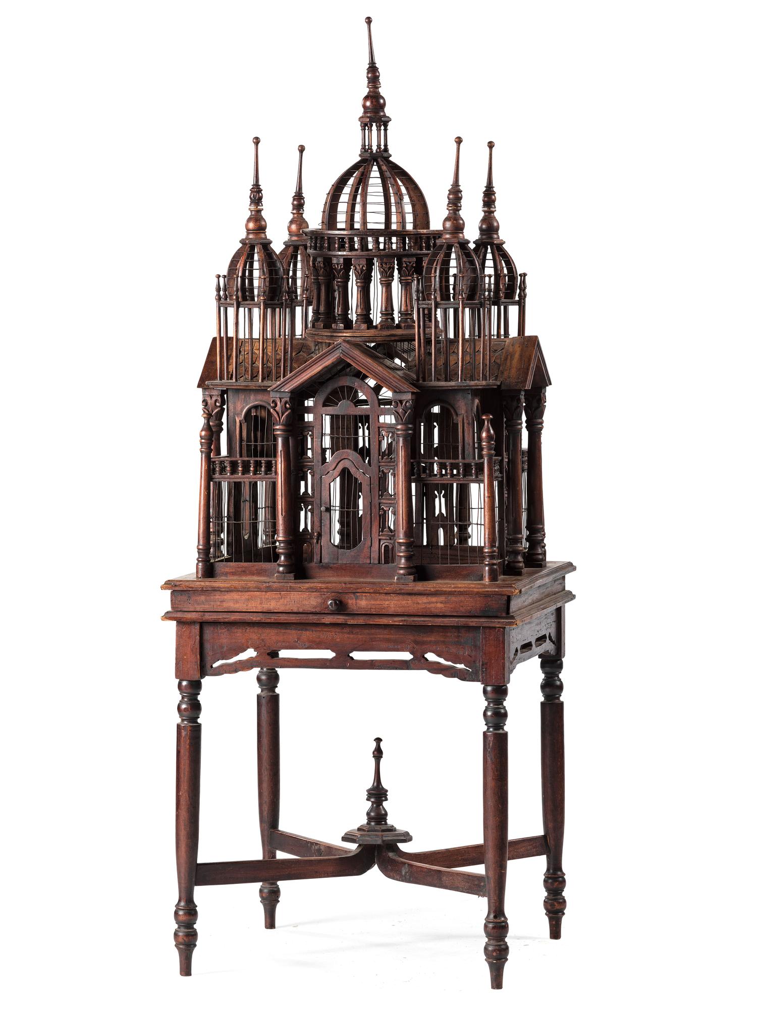 An Architectural Mahogany Birdcage on Stand