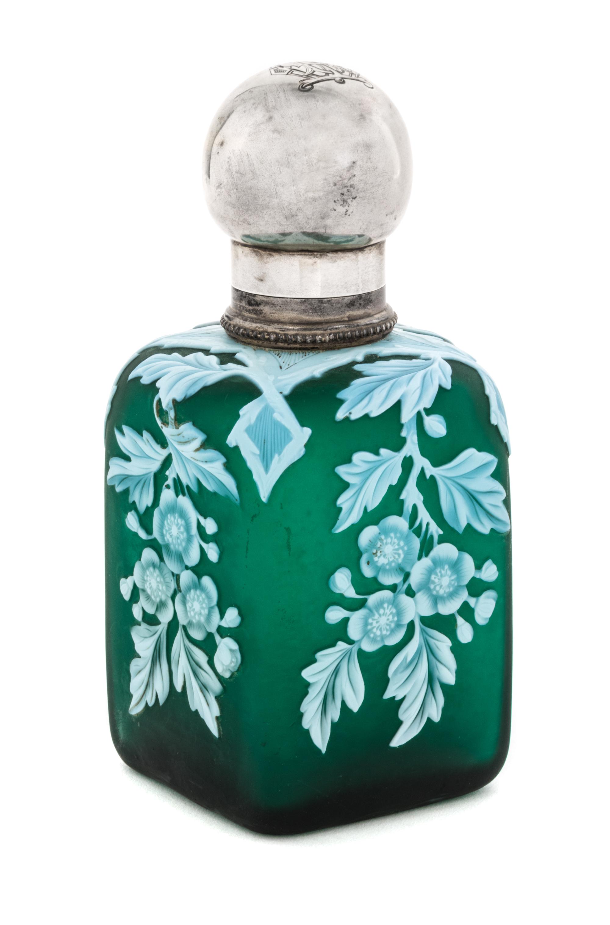English, 1884, a silver mounted cameo glass bottle, of square form with floral decoration