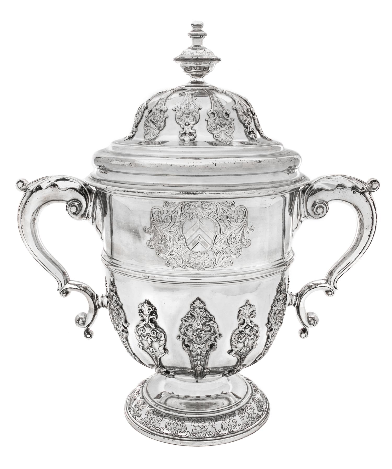 A George II Silver Twin-Handled Cup and Cover, Edward Vincent, London, Likely 1735, the domed cover having a knopped finial and foliate