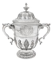 A George II Silver Twin-Handled Cup and Cover, Edward Vincent, London, Likely 1735, the domed cover having a knopped finial and foliate