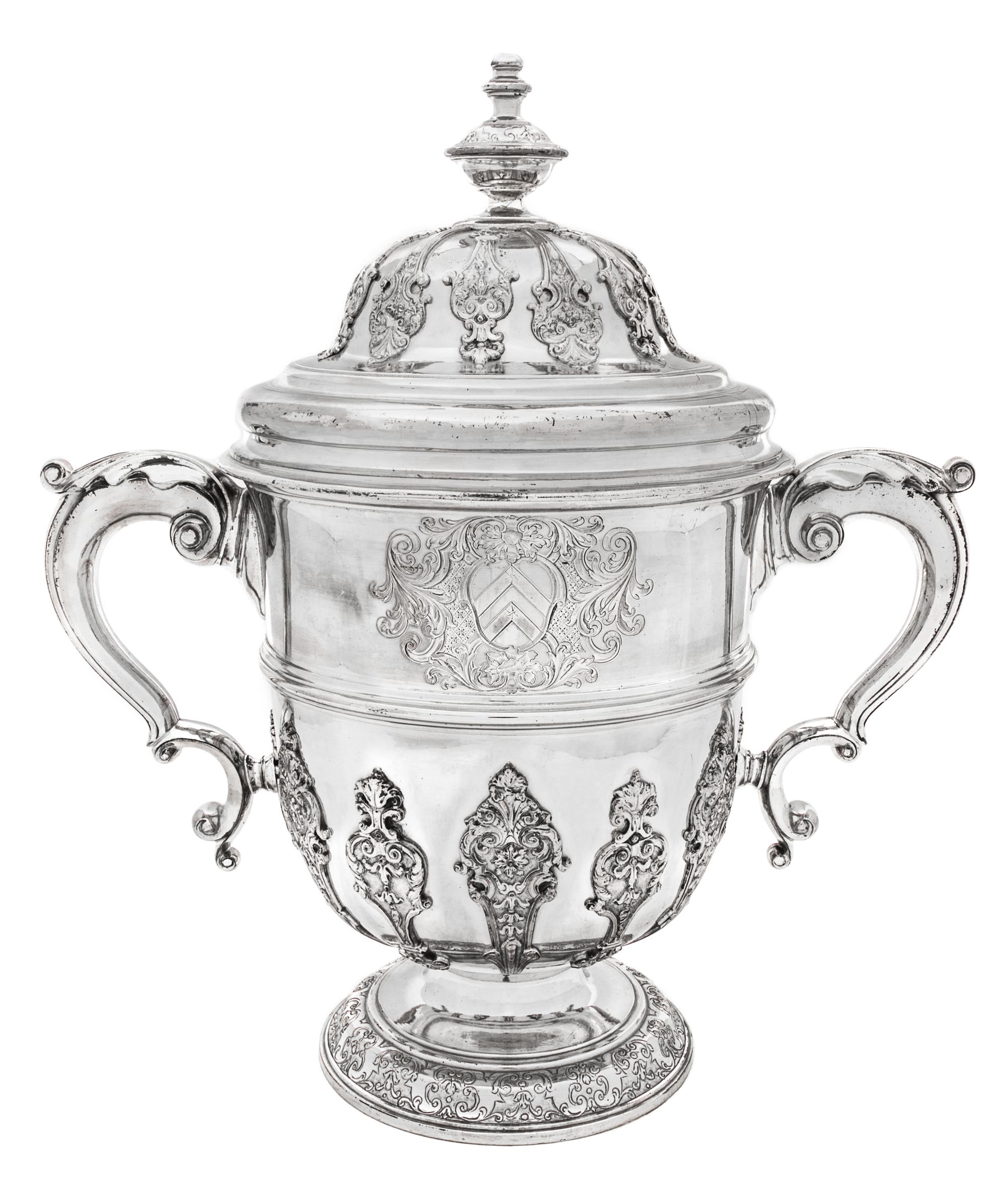A George II Silver Twin-Handled Cup and Cover, Edward Vincent, London, Likely 1735, the domed cover having a knopped finial and foliate