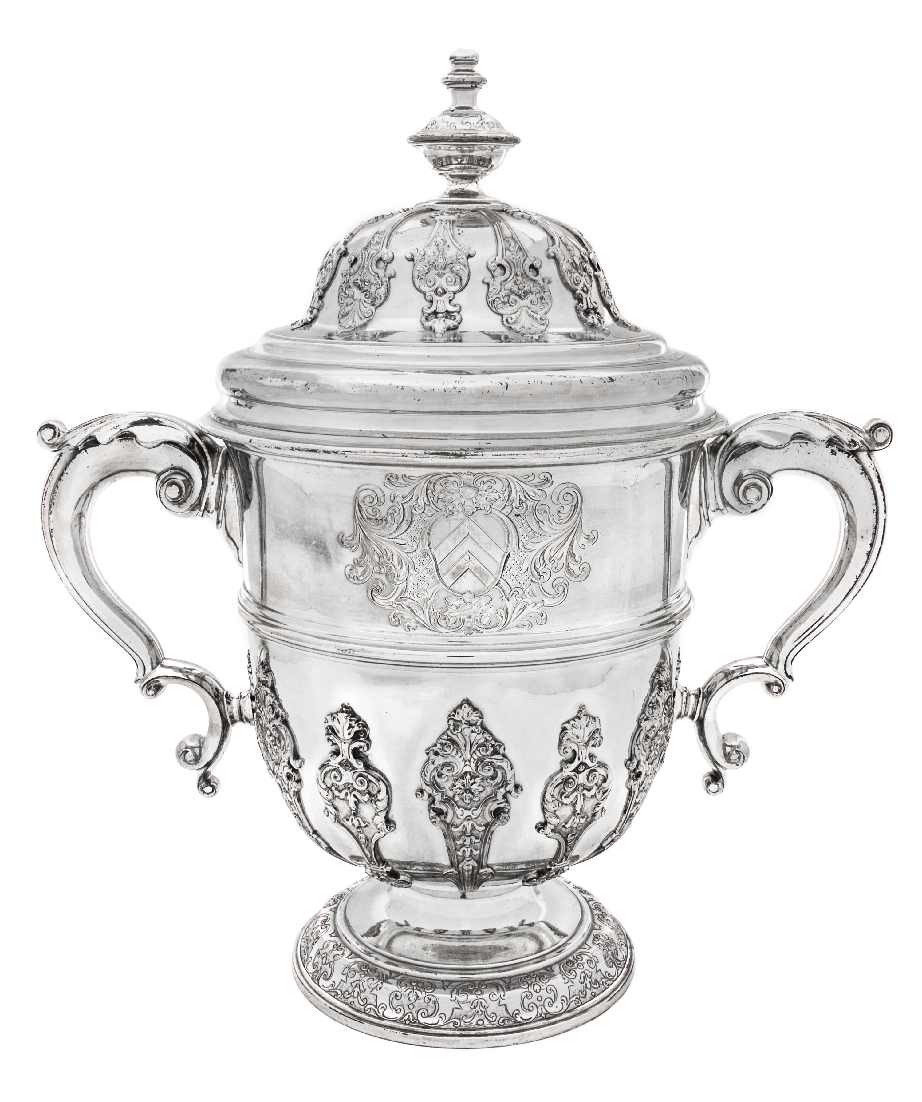 A George II Silver Twin-Handled Cup and Cover, Edward Vincent, London, Likely 1735, the domed cover having a knopped finial and foliate