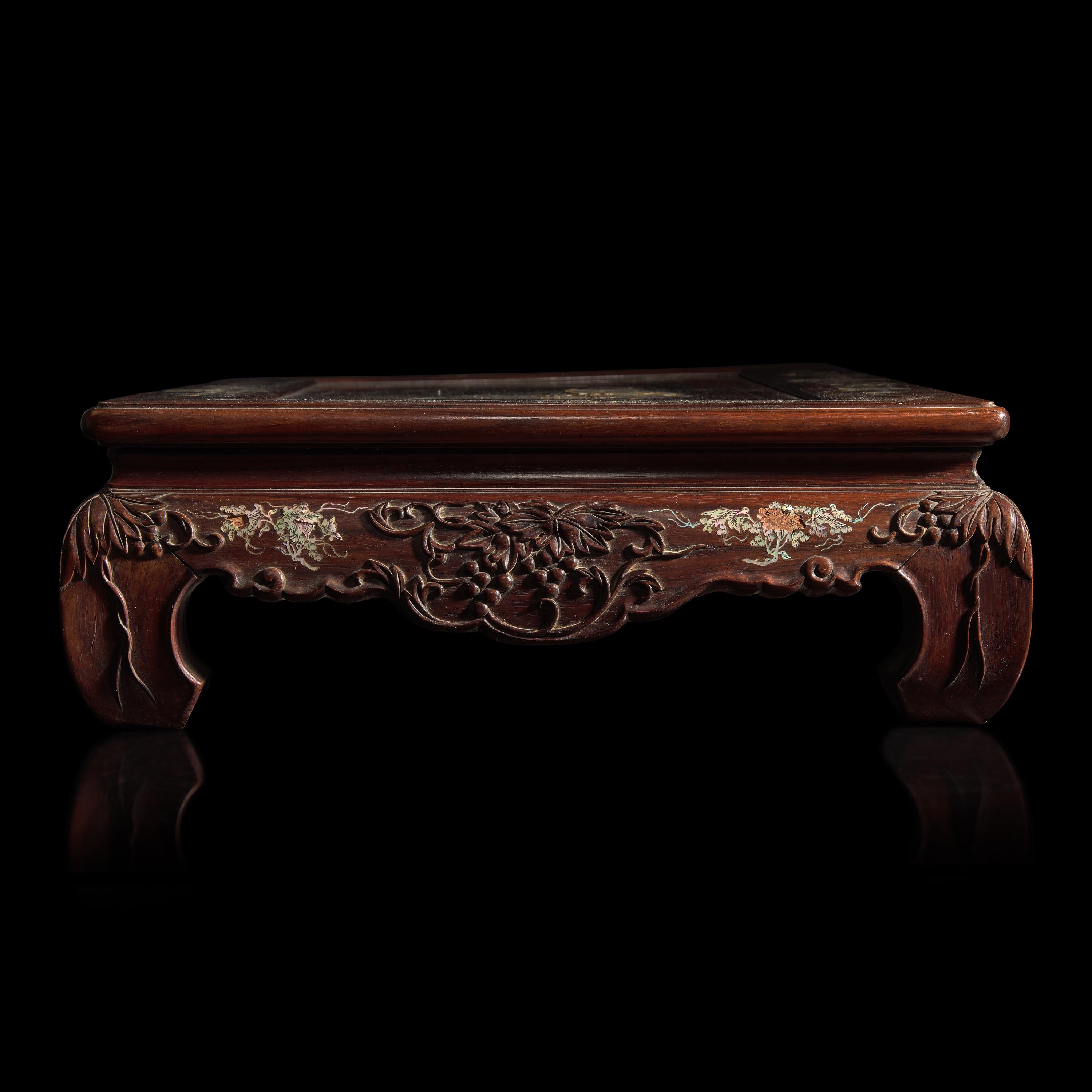 A Finely-Carved and Inlaid Hardwood Small Low Table, First Half of 20th Century — 民國 硬木嵌螺鈿方座