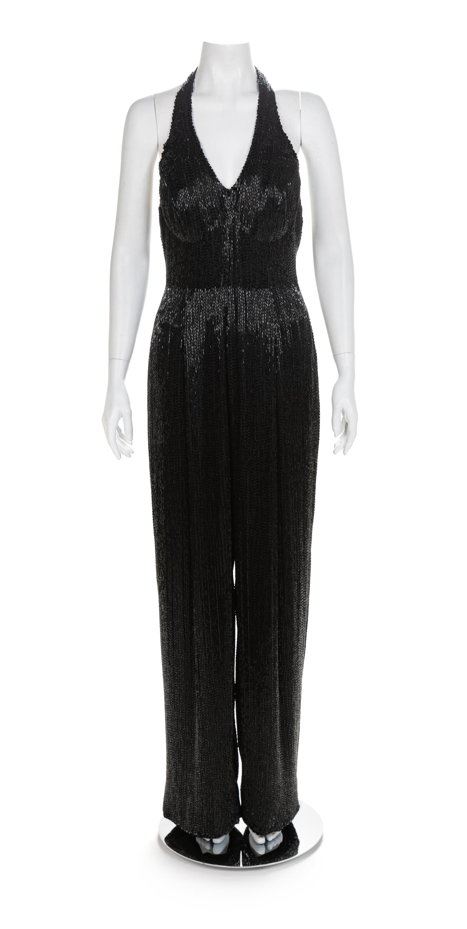 J&M Costumers Hollywood Black Glass Bead Jumpsuit, 1980-90s No size label