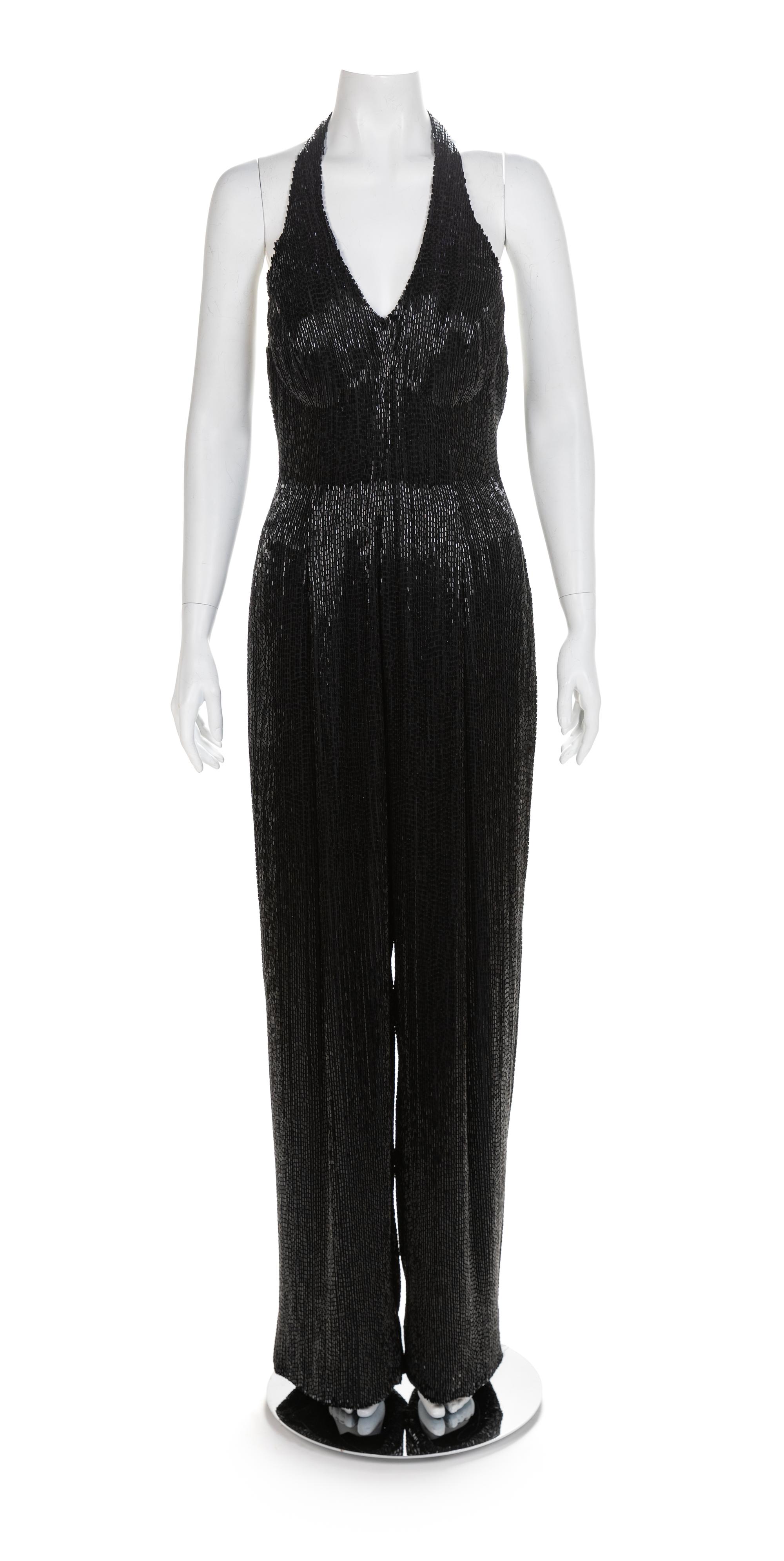 J&M Costumers Hollywood Black Glass Bead Jumpsuit, 1980-90s No size label