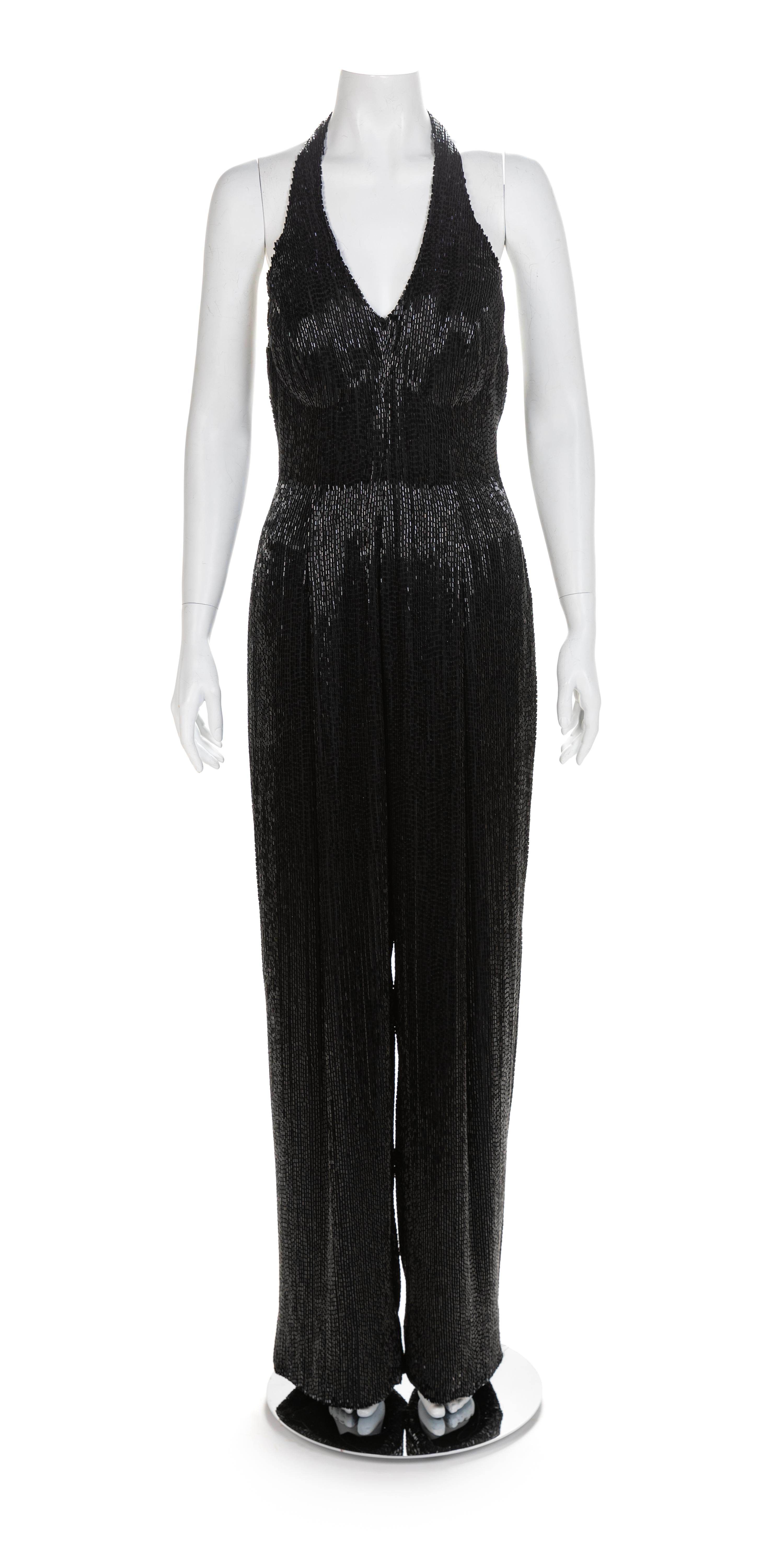 J&M Costumers Hollywood Black Glass Bead Jumpsuit, 1980-90s No size label