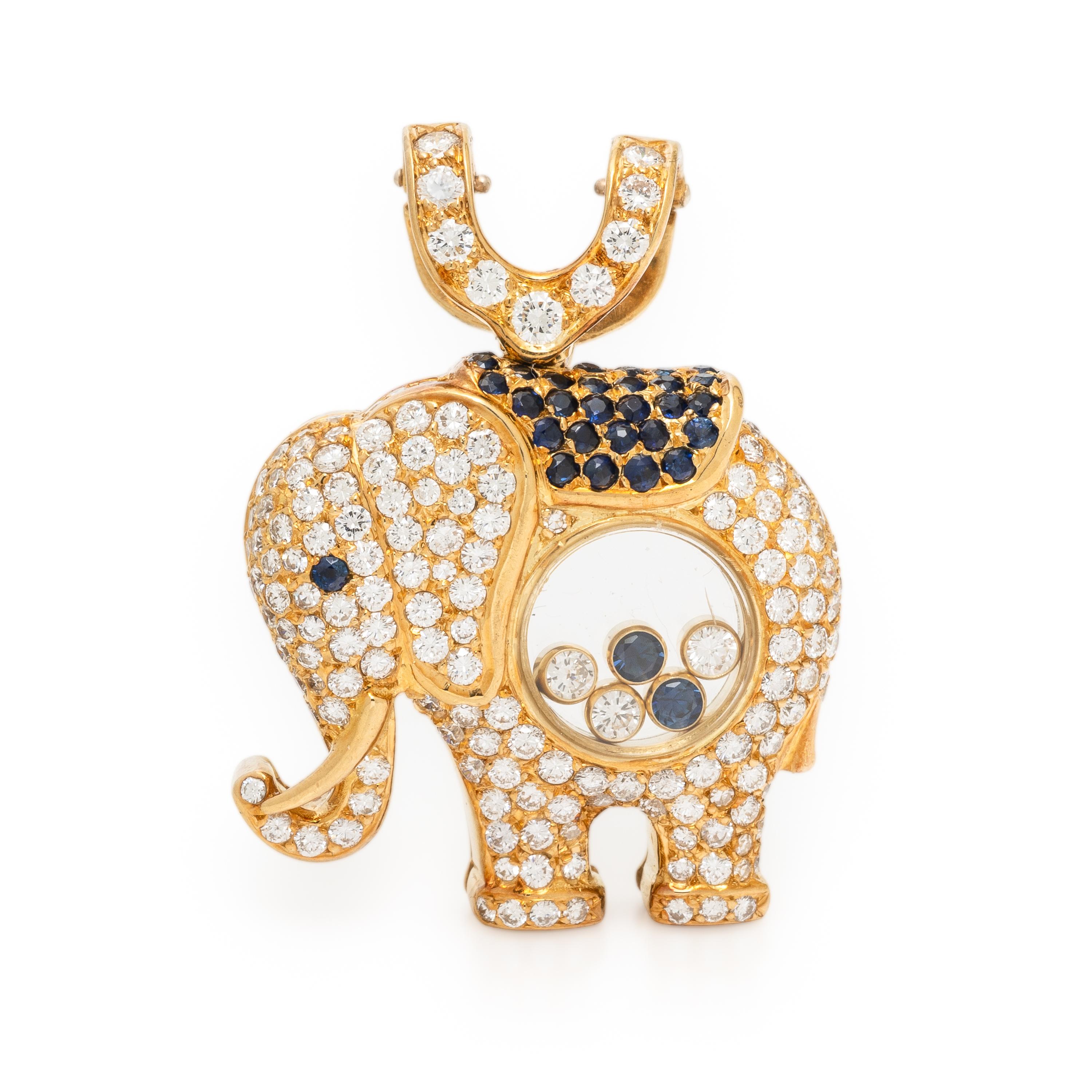 Diamond, Sapphire, and Yellow Gold Elephant Pendant Necklace