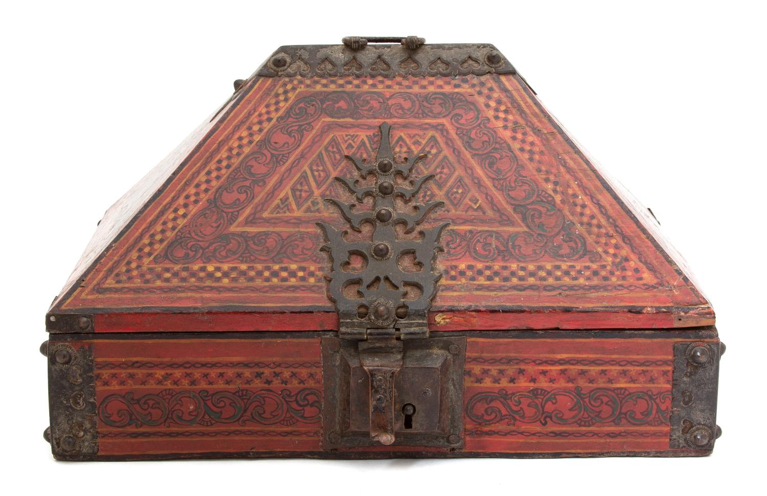A Malabar Polychromed and Brass Mounted Dowry Box Height 9 x width 14 1/2 x depth 9 3/4 inches. — 19TH CENTURY