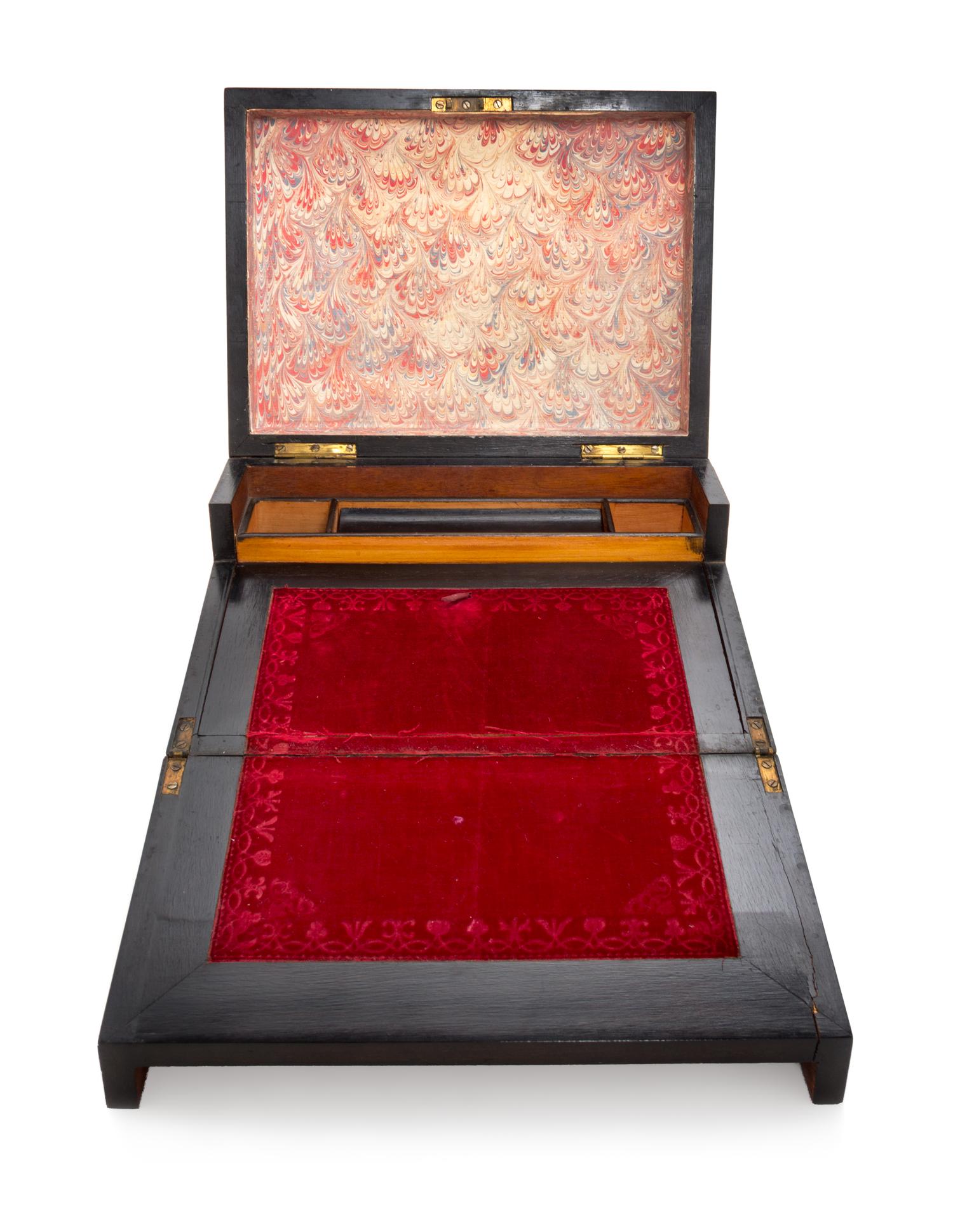 An English Brass Inlaid Burlwood Writing Box Height 6 3/4 x width 12 x depth 9 inches. — 19TH CENTURY