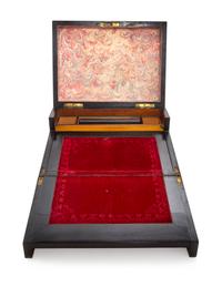 An English Brass Inlaid Burlwood Writing Box Height 6 3/4 x width 12 x depth 9 inches. — 19TH CENTURY
