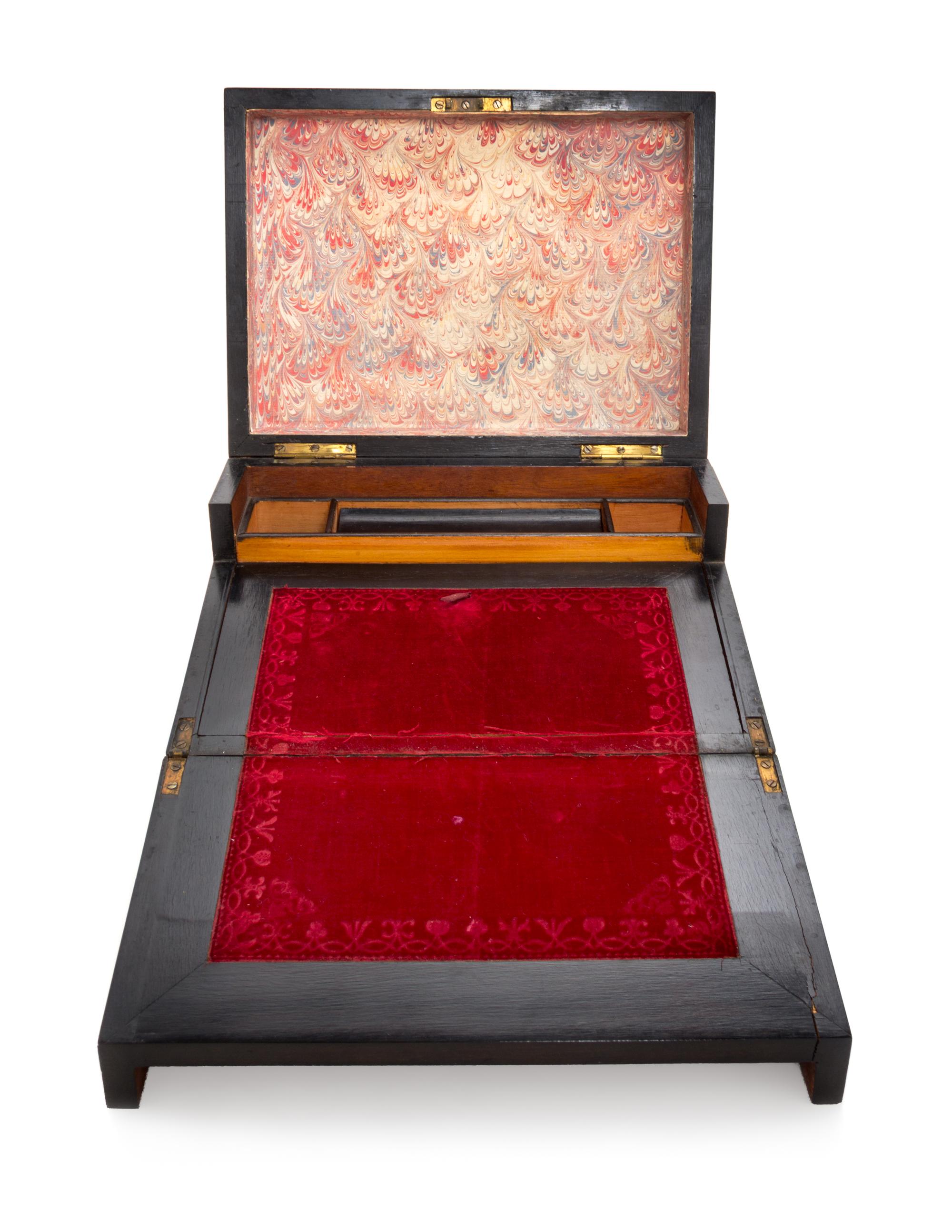 An English Brass Inlaid Burlwood Writing Box Height 6 3/4 x width 12 x depth 9 inches. — 19TH CENTURY