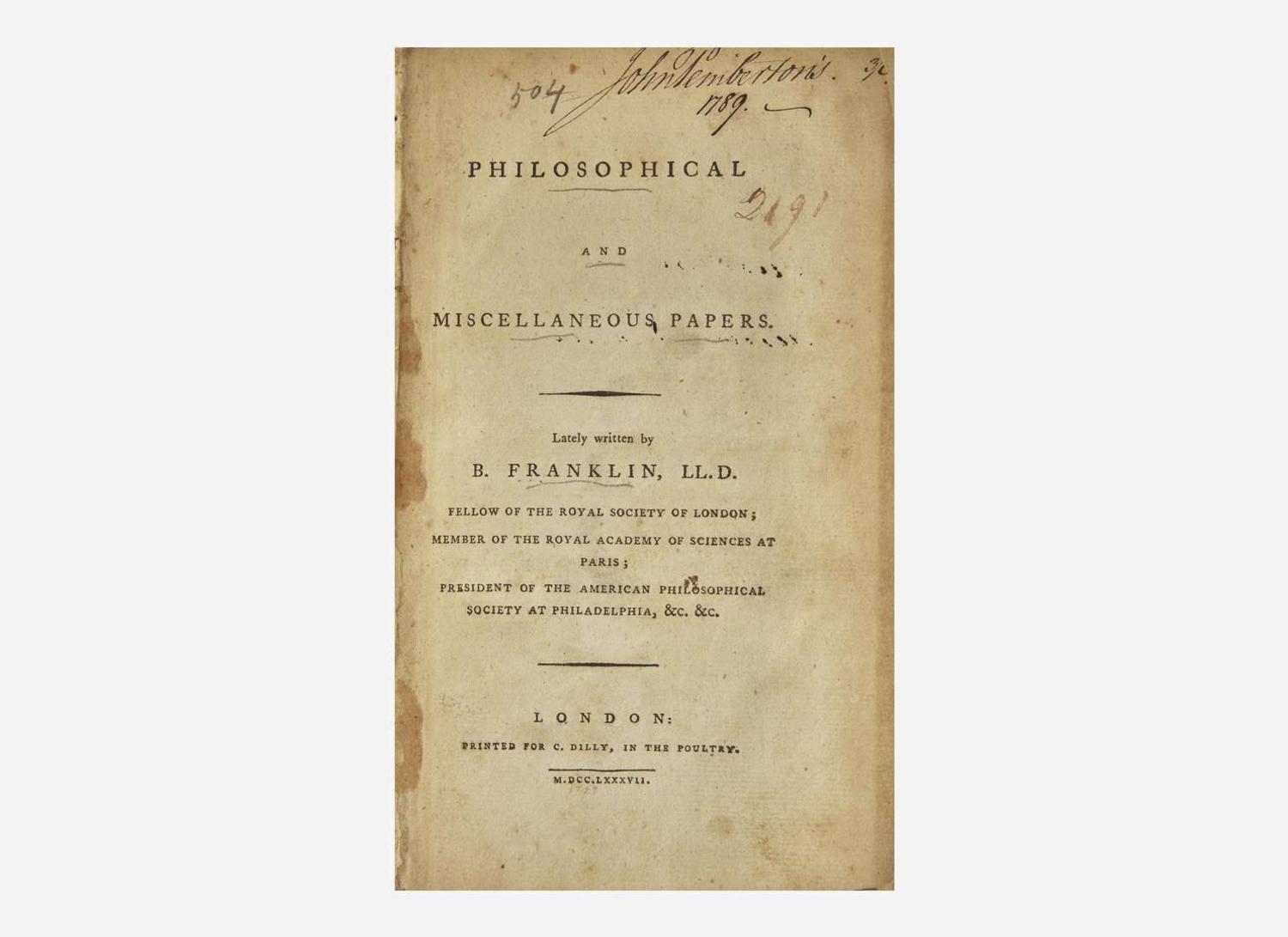 [Americana] Franklin, B(enjamin).: Philosophical and Miscellaneous Papers