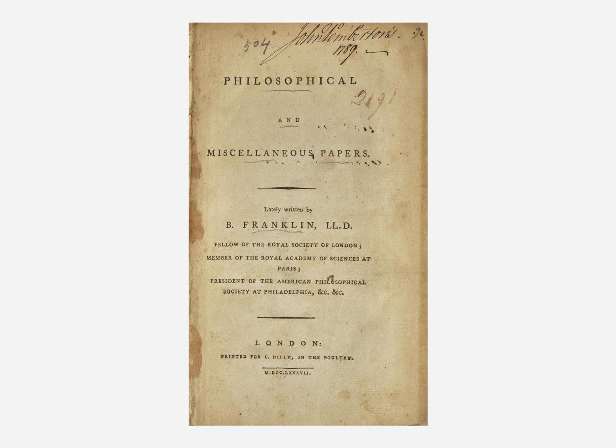 [Americana] Franklin, B(enjamin).: Philosophical and Miscellaneous Papers