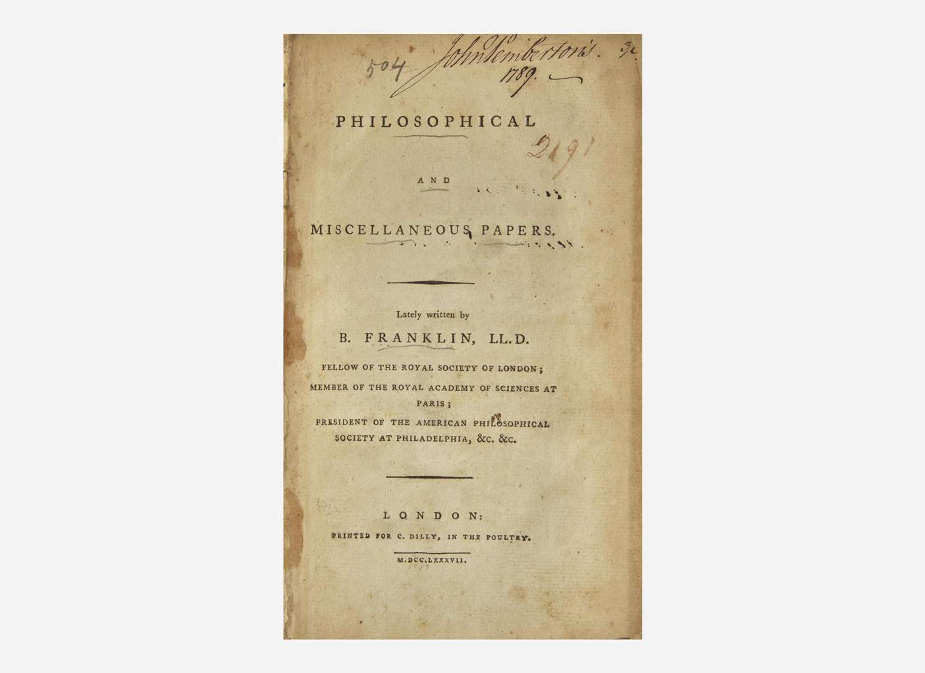 [Americana] Franklin, B(enjamin).: Philosophical and Miscellaneous Papers