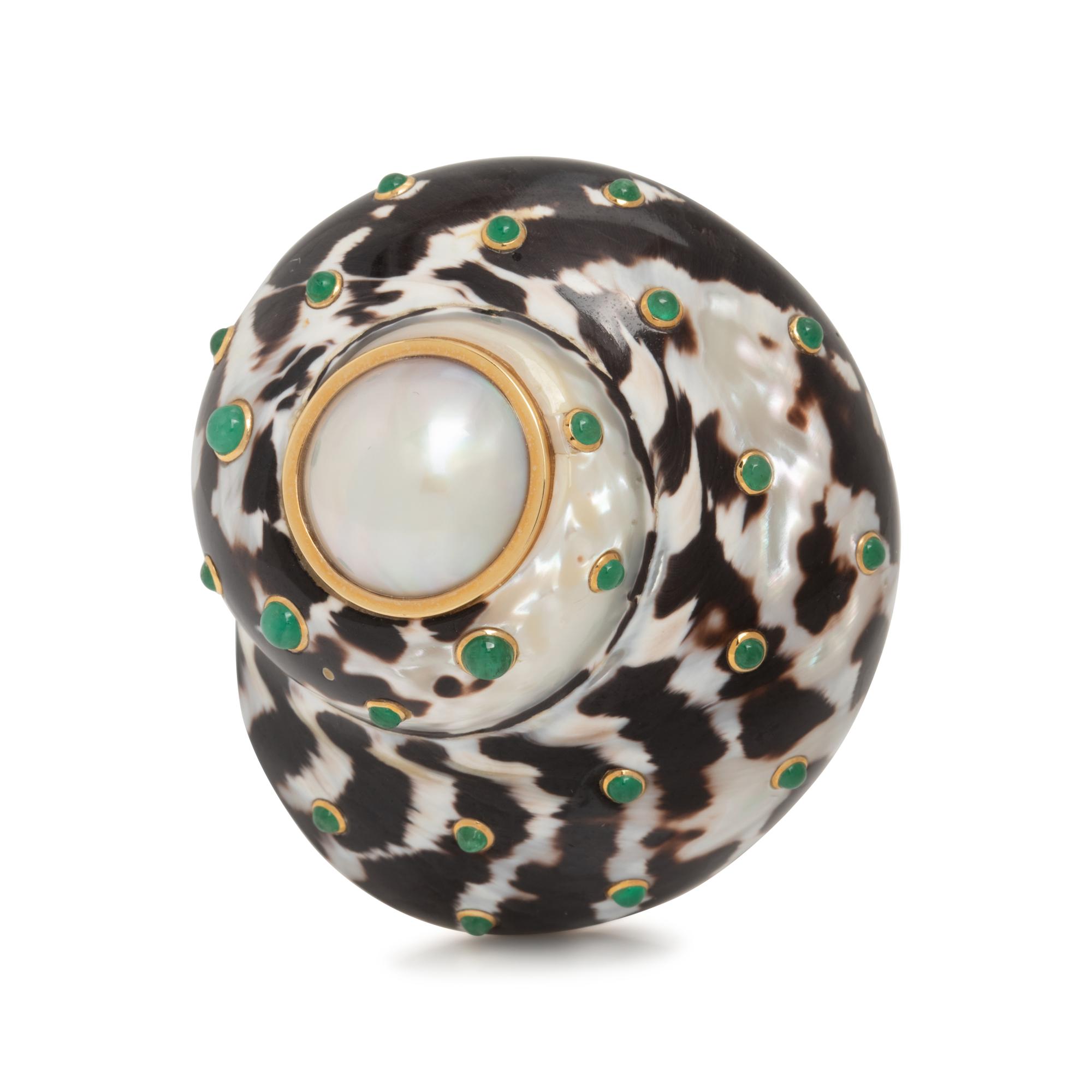 TRIANON, CULTURED MABE PEARL, EMERALD AND SHELL BROOCH