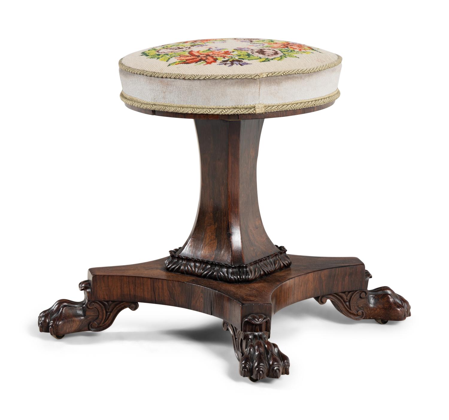 A Regency Rosewood and Needlepoint Upholstered Piano Stool