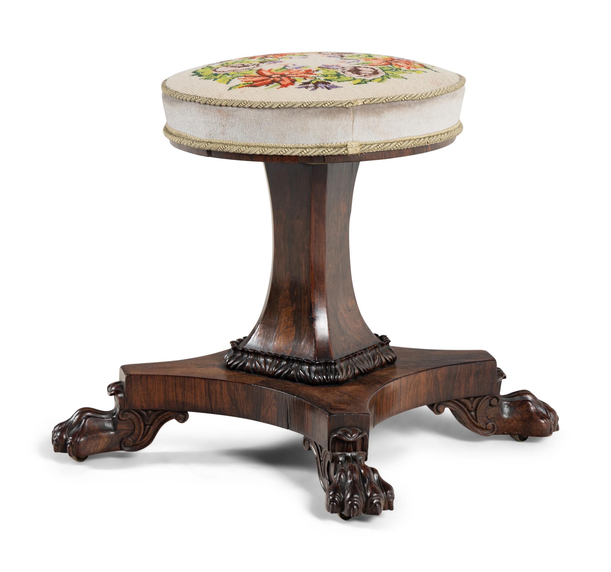 A Regency Rosewood and Needlepoint Upholstered Piano Stool